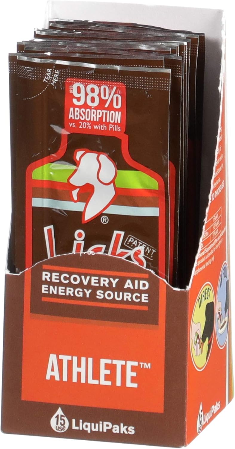 Licks Active Dog - Recuperación muscular y energía para perros activos - Aminoácidos, L-Carnitina, Glucosamina, Aceite de pescado Omega-3 y Vitamina B6 - Sobres líquidos sin pastillas - Sabor pollo - 15 sobres