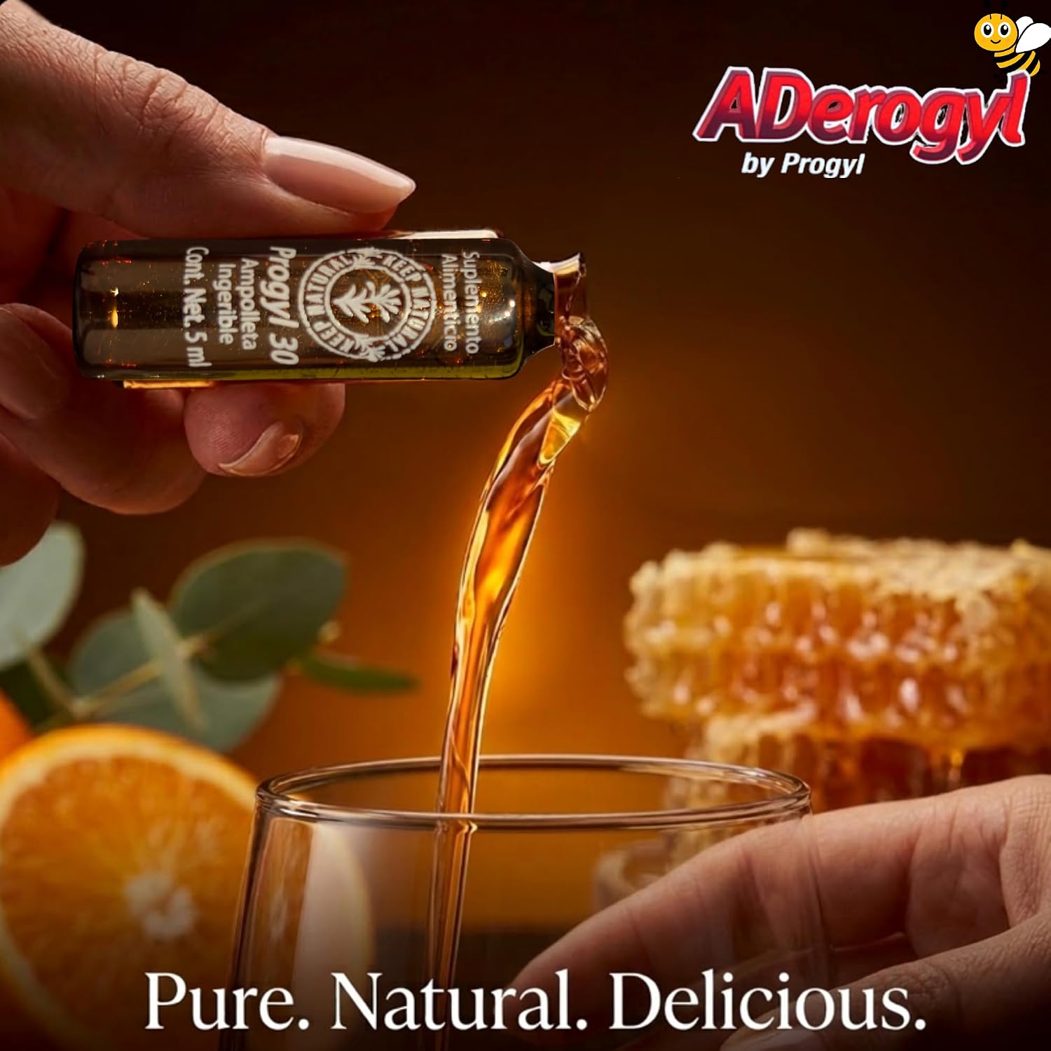 Aderogyl Multivitamínico Líquido con Vitaminas A, C, D, E, Zinc, Miel y Propóleo - 5 Ampollas Sabor Naranja