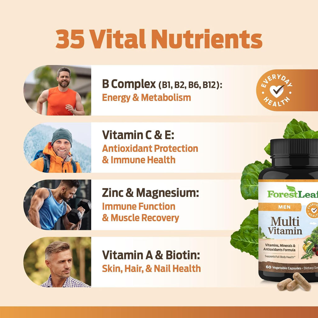 ForestLeaf Daily Vitamin Multivitamin for Men - Multivitamínico Diario para Hombres con Vitaminas y Minerales Esenciales | 60 Cápsulas Veganas
