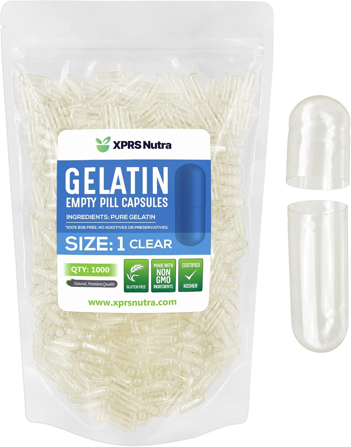 XPRS Nutra Cápsulas Vacías de Gelatina Tamaño 1 - 1000 Unidades - Cápsulas Transparentes para Hacer Tus Propios Suplementos