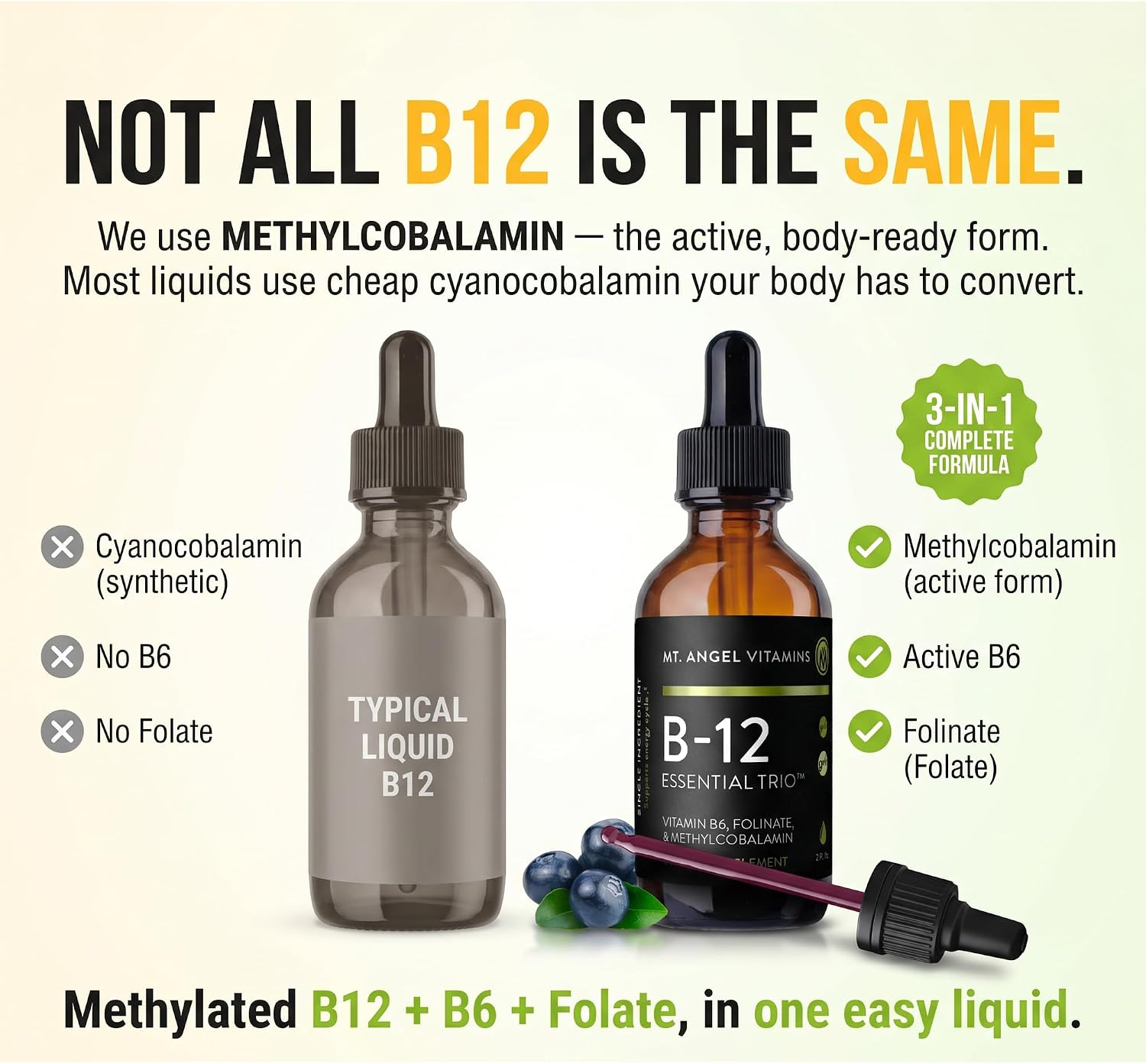 Mt. Angel Vitamins - B12 Essential Trio - Gotas sublinguales veganas con metil B12, B6 y folato