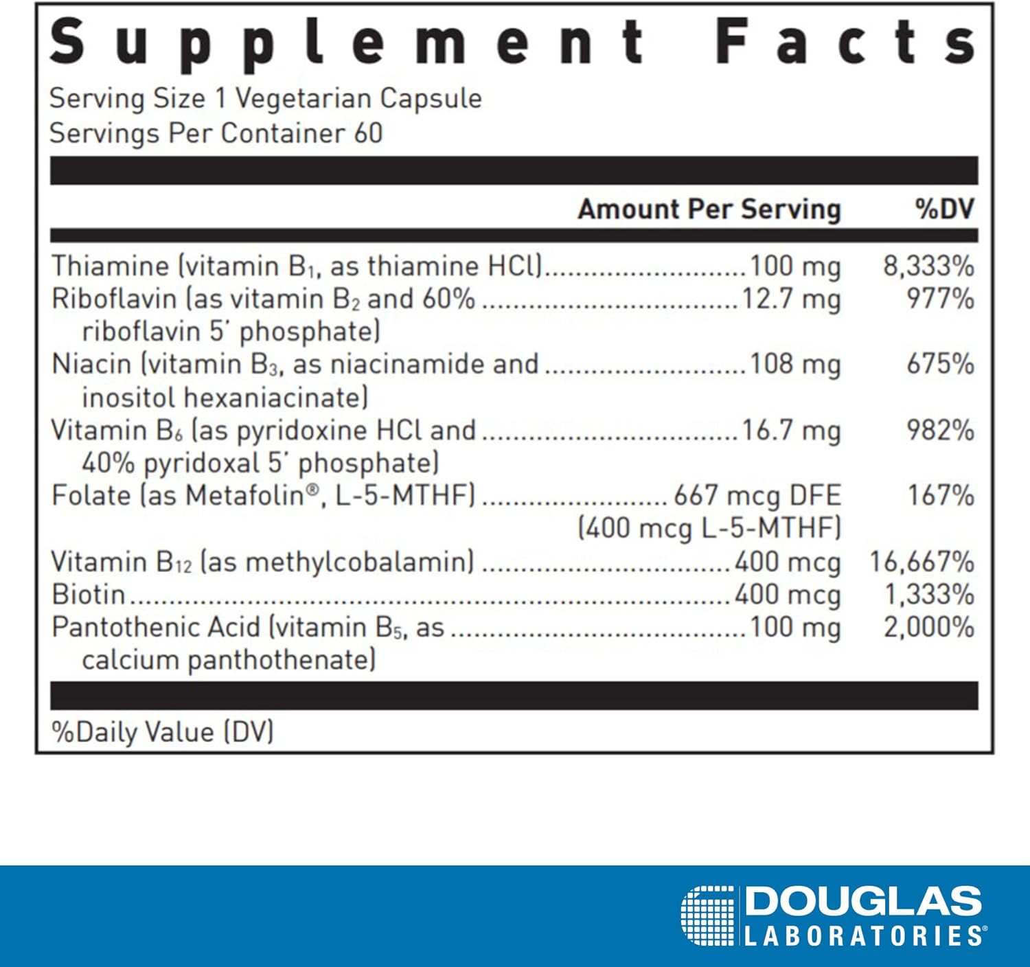 Douglas Laboratories Complejo B con Metafolin - Suplemento de Vitaminas B - con Folato, Biotina y Tiamina - No Transgénico - 60 Cápsulas Vegetarianas