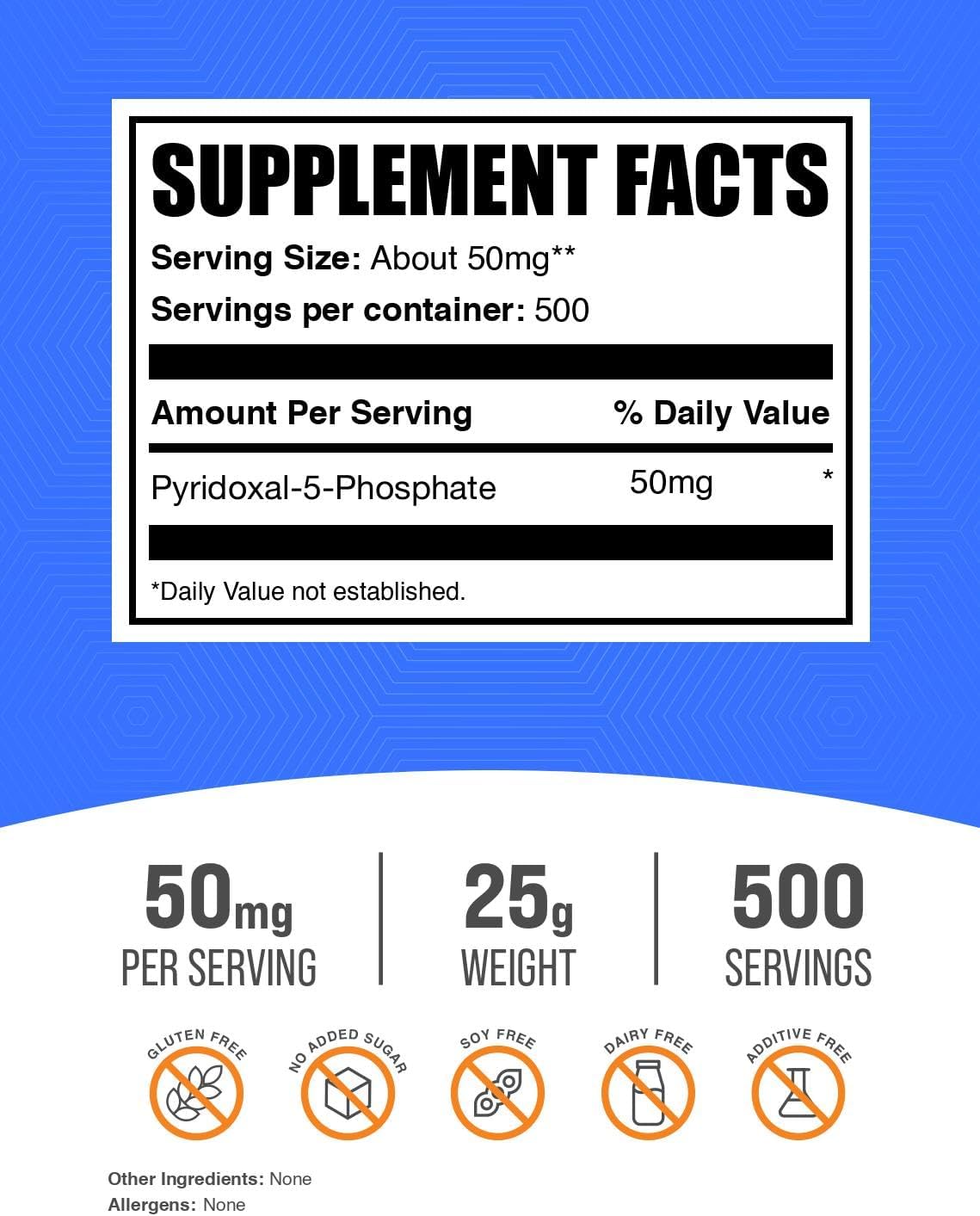 BulkSupplements Piridoxal 5-Fosfato en Polvo - Vitamina B6 (P-5-P) 50mg por Porción, 25g, Sin Gluten