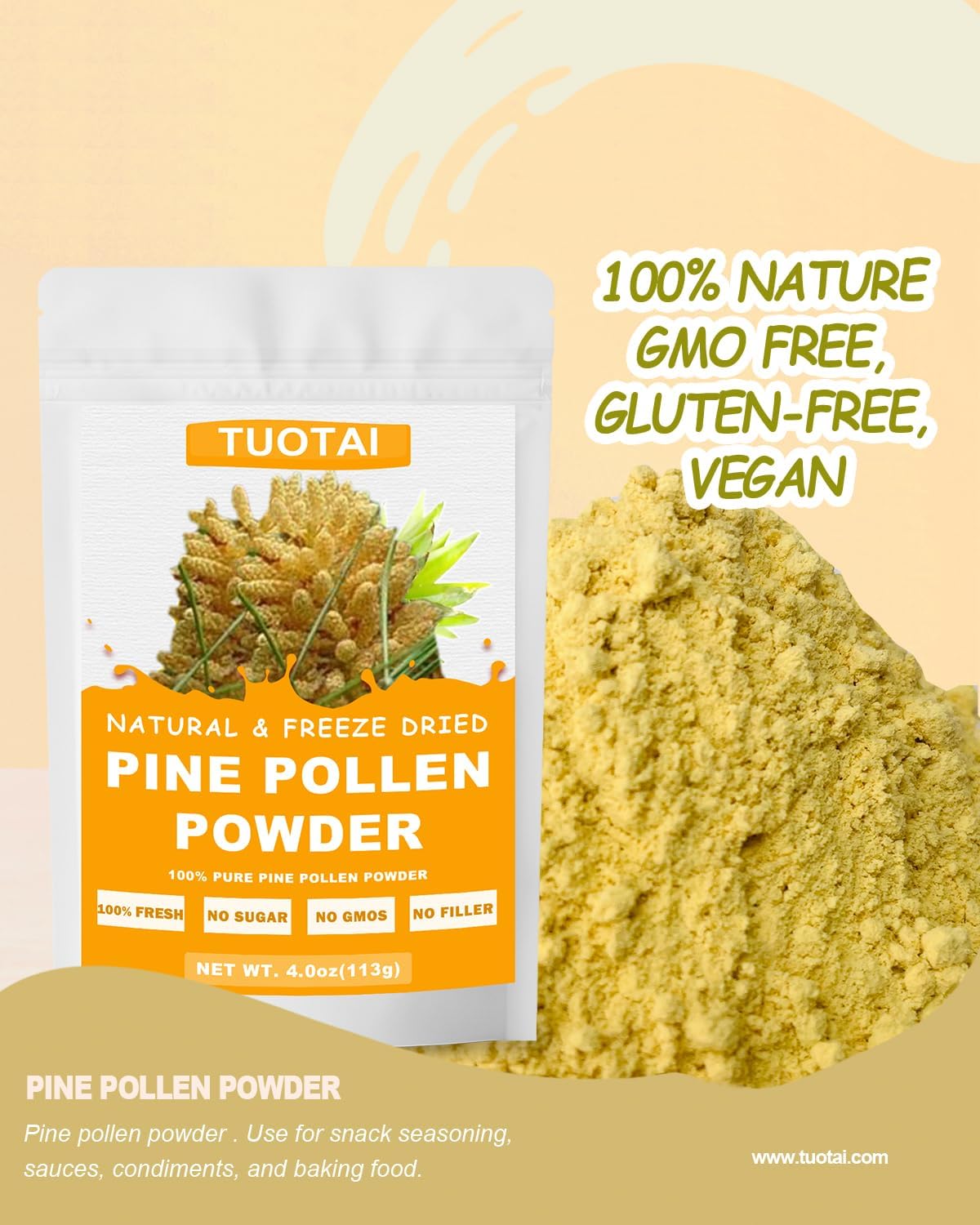 Polen de Pino Premium en Polvo, 100% Natural, Sin OGM, Vegano