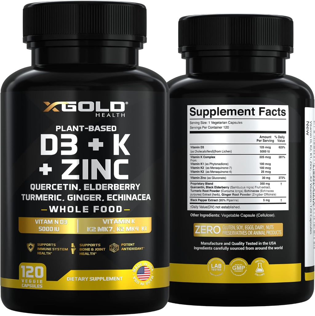 X Gold Health Complejo 8 en 1 con Vitamina D3, K2, K1, Zinc, Quercetina, Saúco, Cúrcuma, Jengibre y Equinácea - 120 Cápsulas Veganas