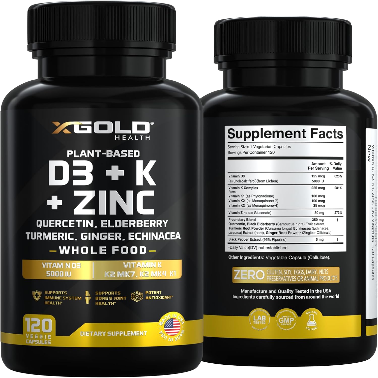 X Gold Health Complejo 8 en 1 con Vitamina D3, K2, K1, Zinc, Quercetina, Saúco, Cúrcuma, Jengibre y Equinácea - 120 Cápsulas Veganas
