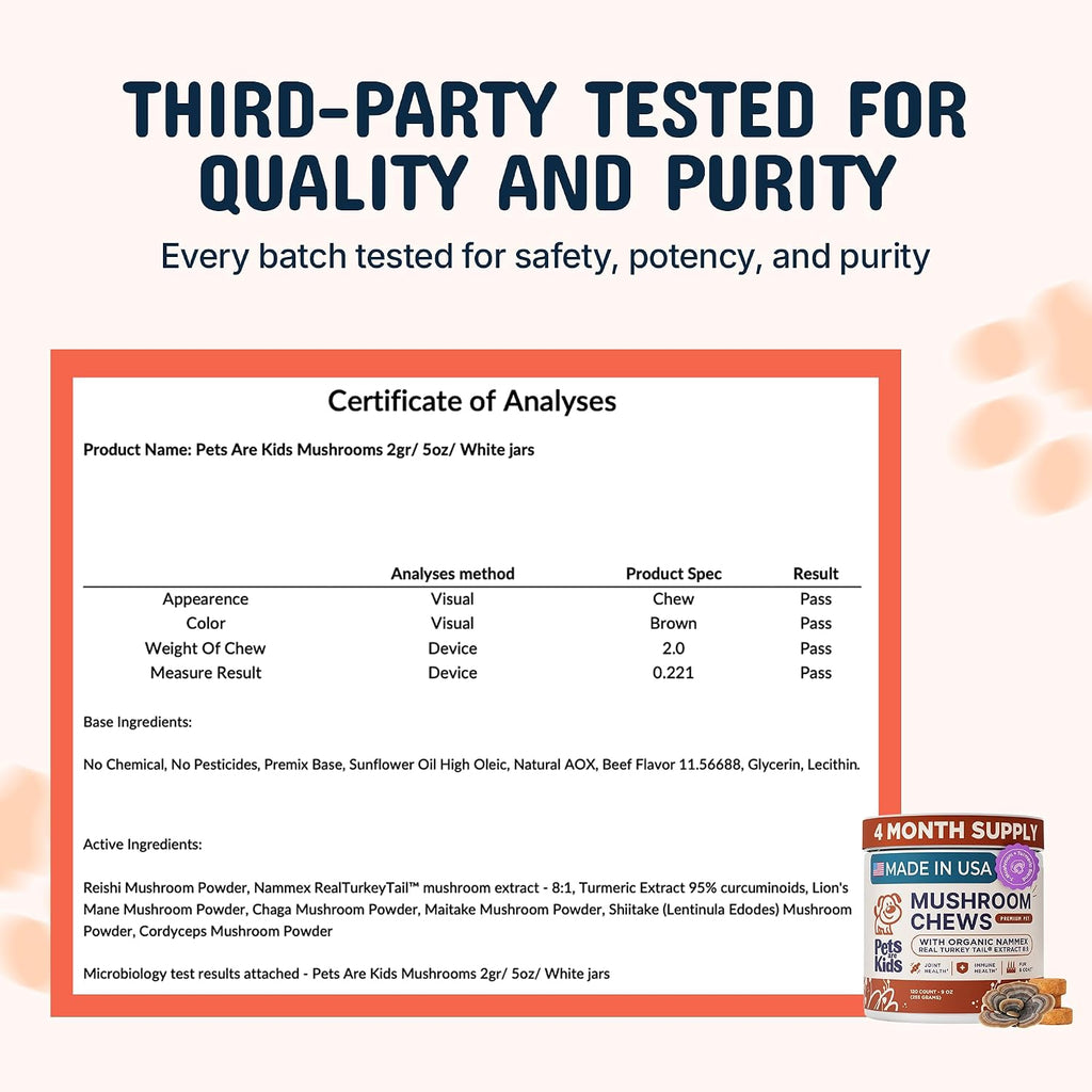 Pets are Kids Turkey Tail Mushroom for Dogs with Organic Real Turkey Tail™ - 8:1 Extract Mushroom Chews for Immune System Health, Gut, Skin & Joint Support - Reishi, Lion's Mane - 120 Chews