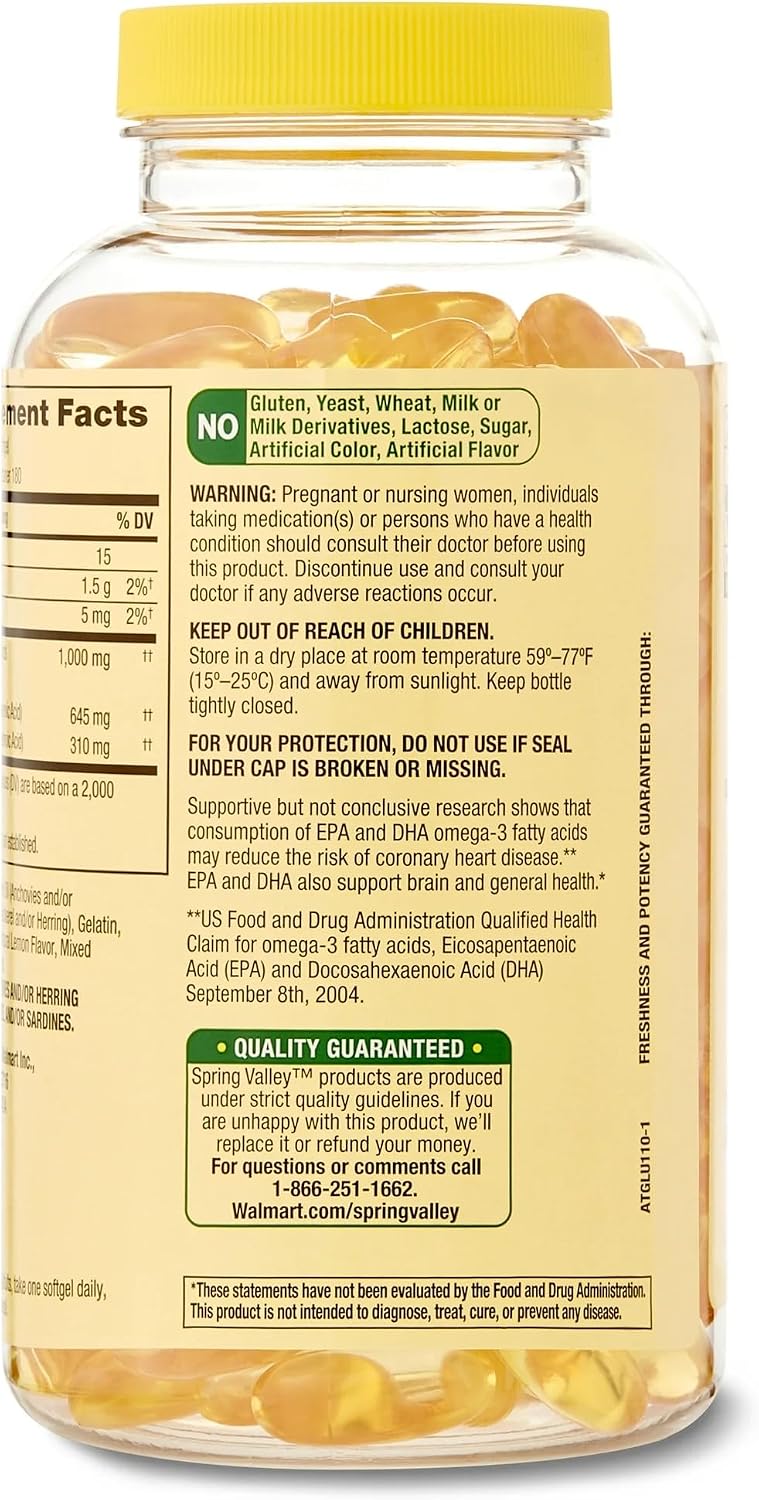 Spring Valley Omega-3 1000 mg Aceite de Pescado, 180 Perlas Blandas, Sabor Limón