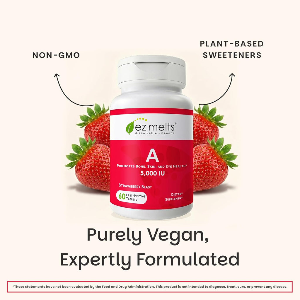 EZ Melts Vitamina A – Vegan Vitamin A Supplement – 60 Strawberry Flavored Orally Disintegrating Tablets