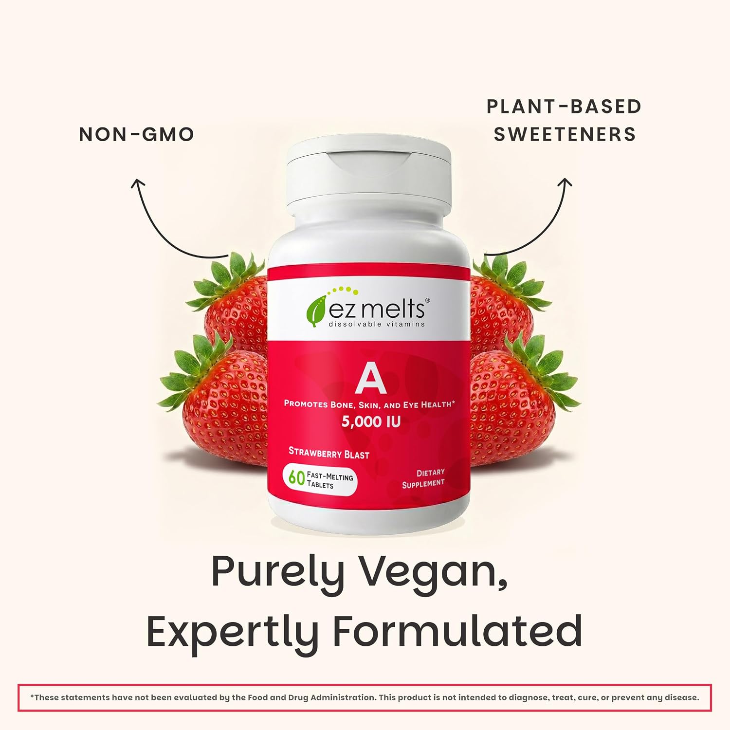 EZ Melts Vitamina A – Vegan Vitamin A Supplement – 60 Strawberry Flavored Orally Disintegrating Tablets