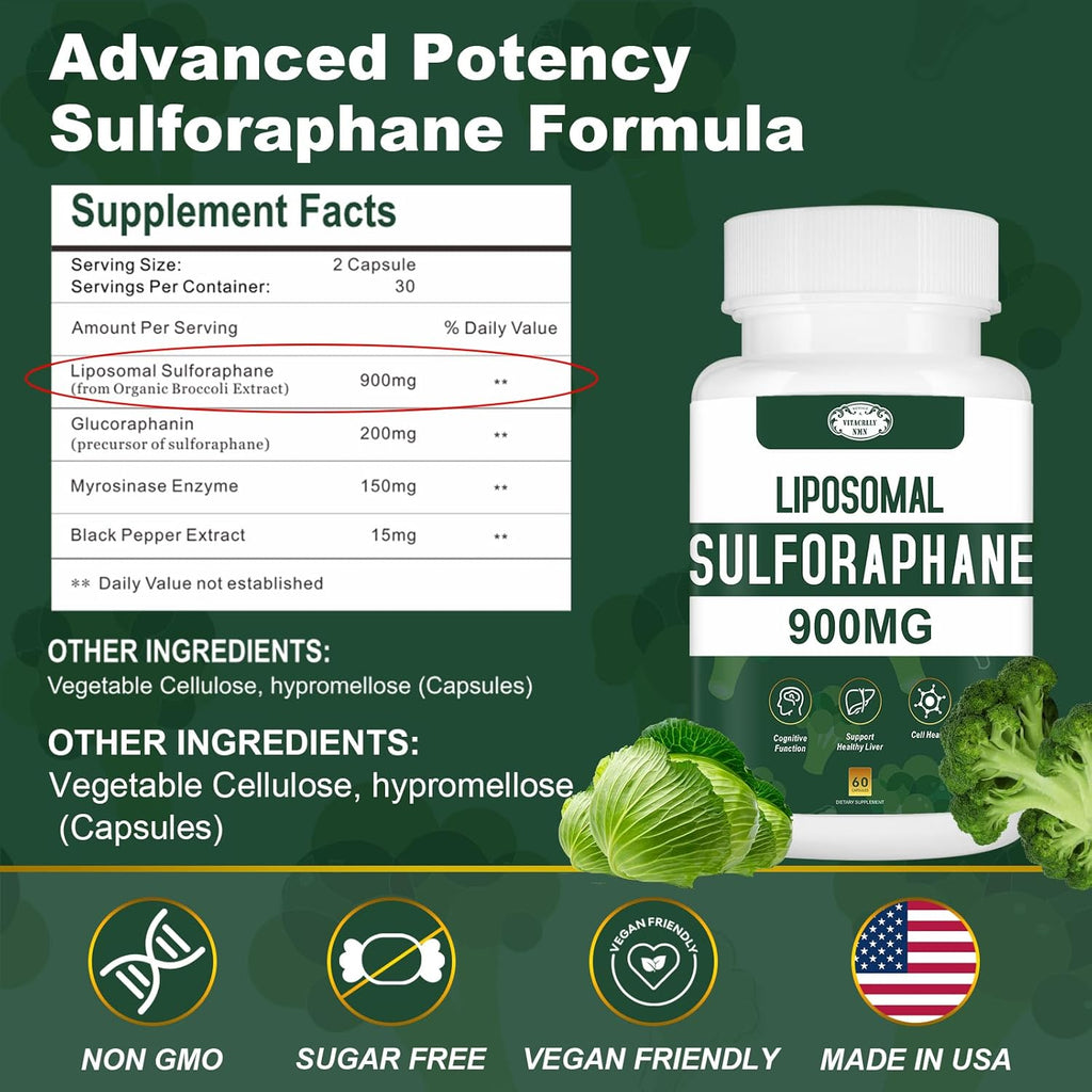 Suplemento de Sulforafano Liposomal 900mg, Extracto de Brócoli, Apoyo Antioxidante y Digestivo, 60 Cápsulas