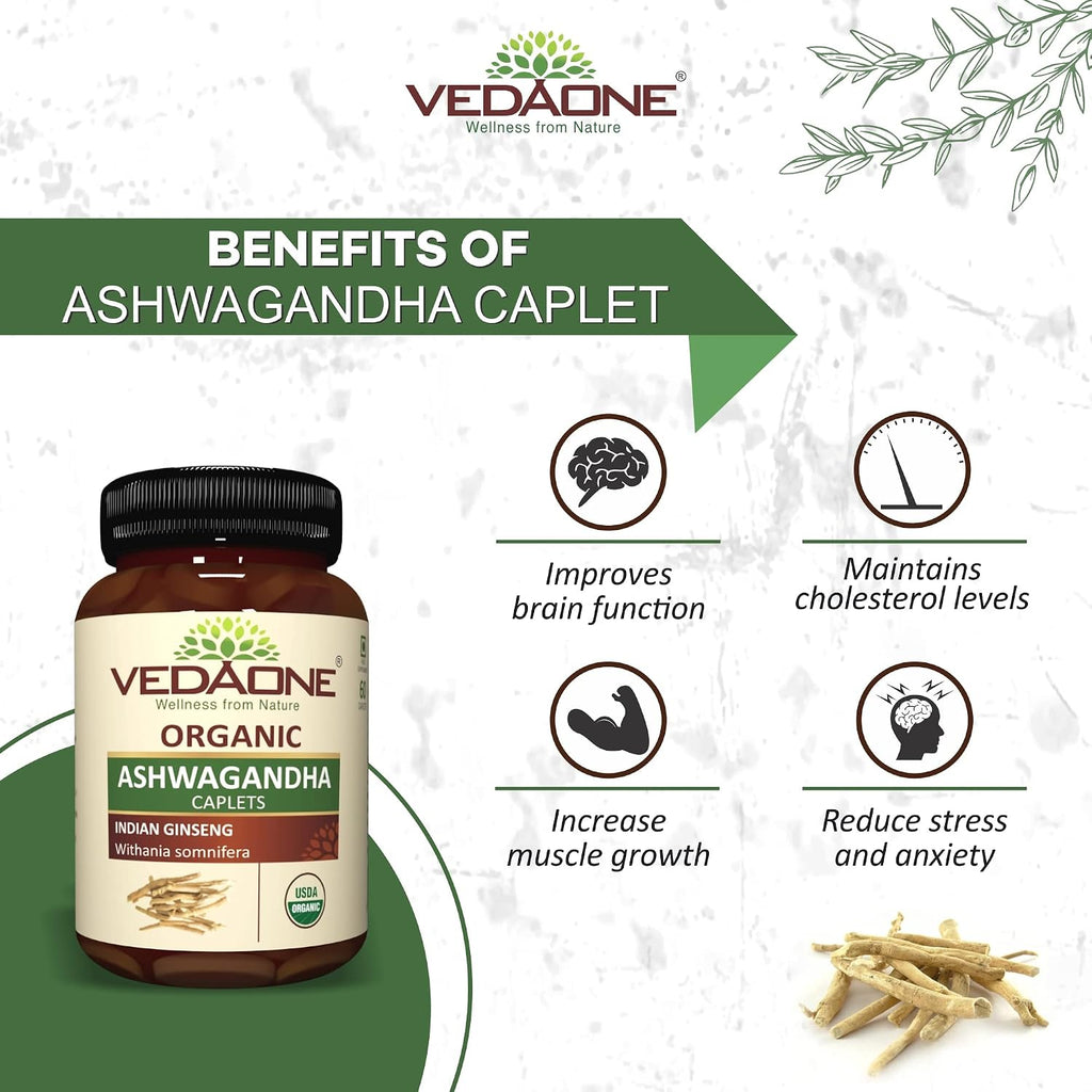 VEDAONE Ashwagandha Orgánica en Cápsulas - 750mg por Cápsula, 60 Cápsulas (Suministro para 1 Mes)