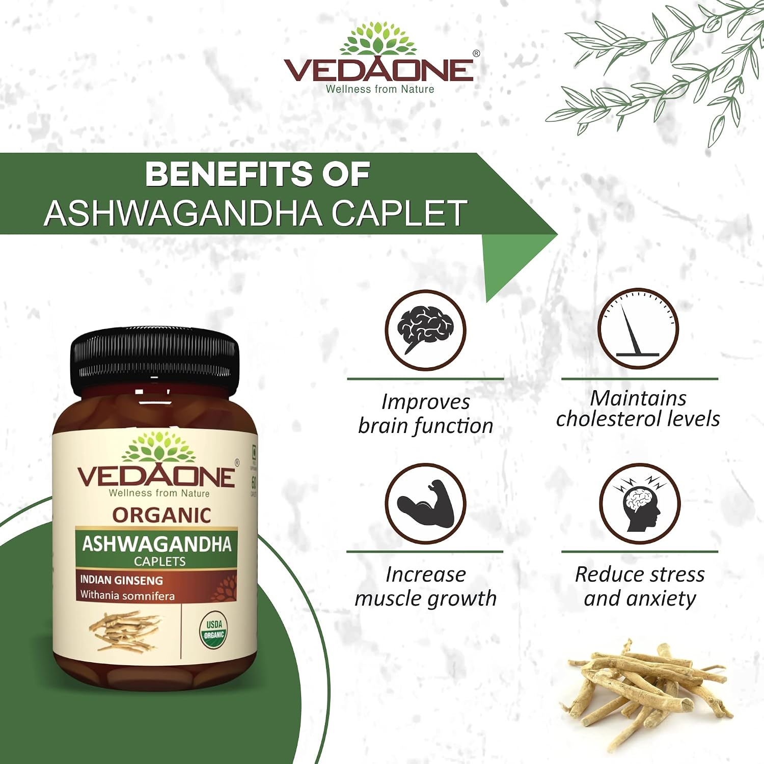 VEDAONE Ashwagandha Orgánica en Cápsulas - 750mg por Cápsula, 60 Cápsulas (Suministro para 1 Mes)