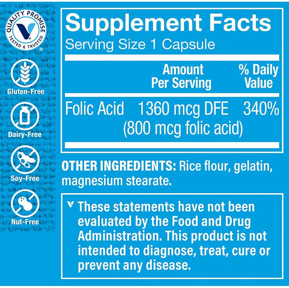 Ácido Fólico 800 mcg de The Vitamin Shoppe – 100 Cápsulas