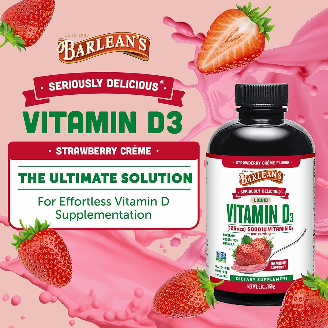 Barlean's Vitamina D3 Líquida 5000 UI Sabor Batido de Fresa, Pack de 2