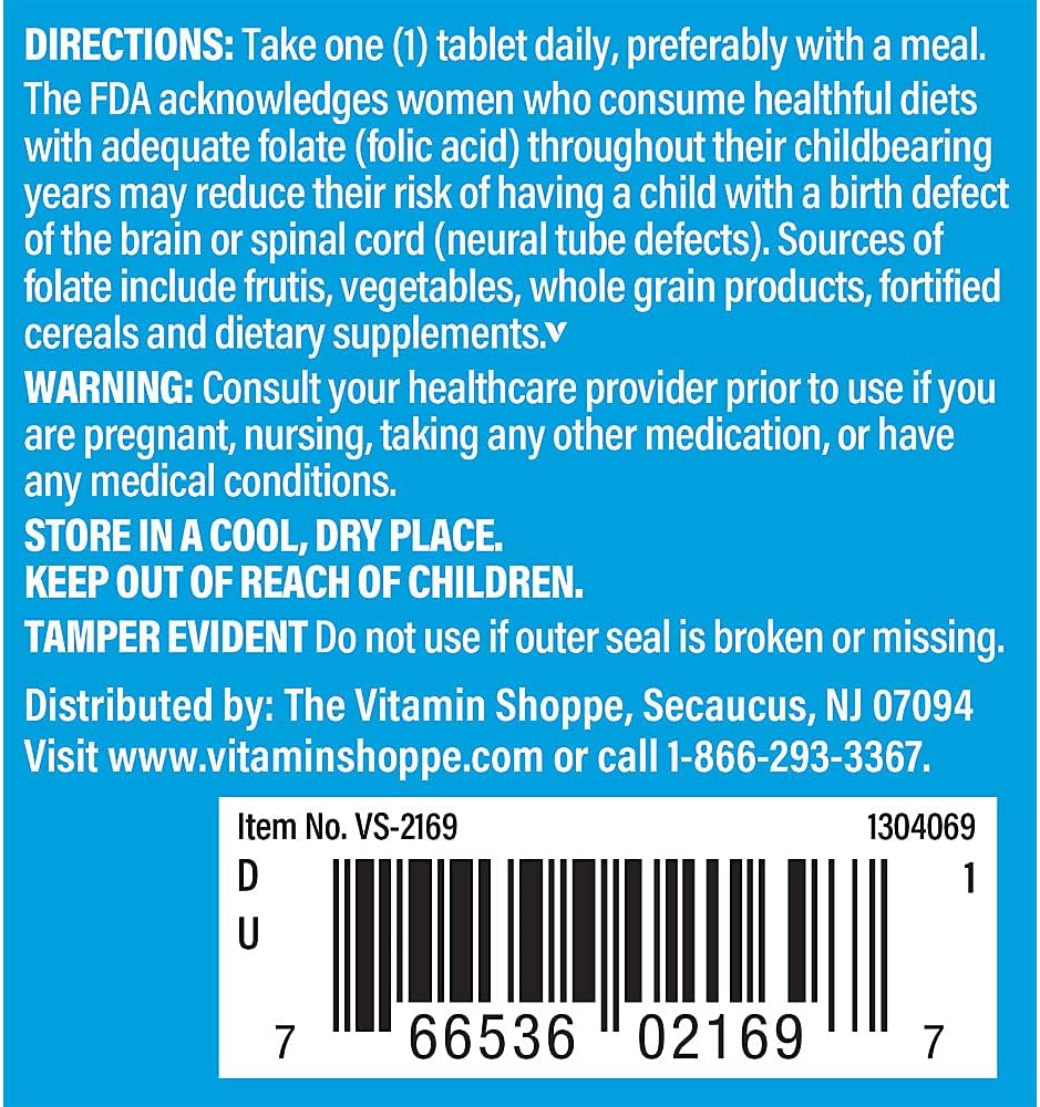 Ácido Fólico 400 mcg - The Vitamin Shoppe - 300 Comprimidos