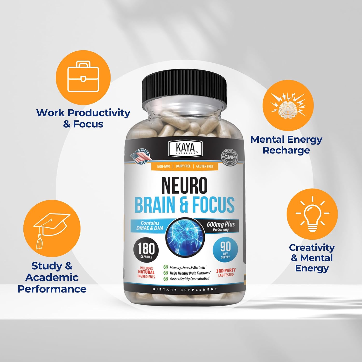 Kaya Naturals Neuro Brain - Suplemento Nootrópico para Memoria y Concentración (180 Cápsulas)