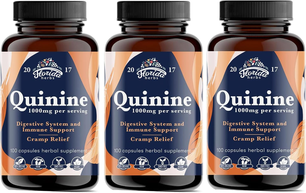 FLORIDA HERBS Leg Cramp Support – Cápsulas de Quinina Orgánica de Corteza de Cinchona – 1000 mg – 330 Cápsulas (3 Frascos)