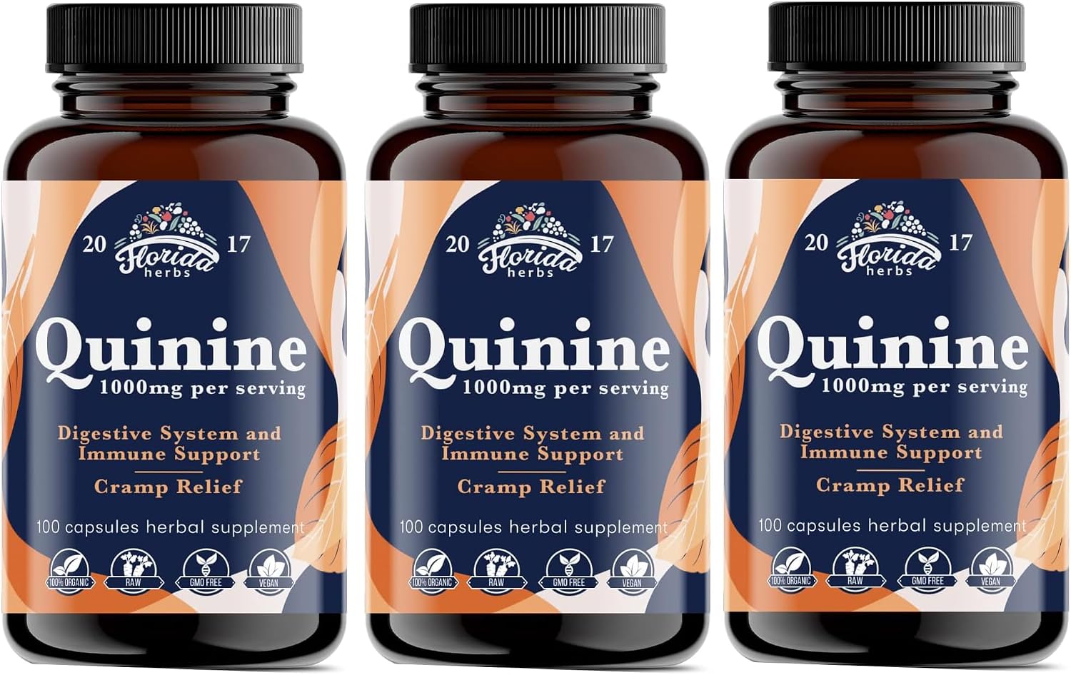 FLORIDA HERBS Leg Cramp Support – Cápsulas de Quinina Orgánica de Corteza de Cinchona – 1000 mg – 330 Cápsulas (3 Frascos)