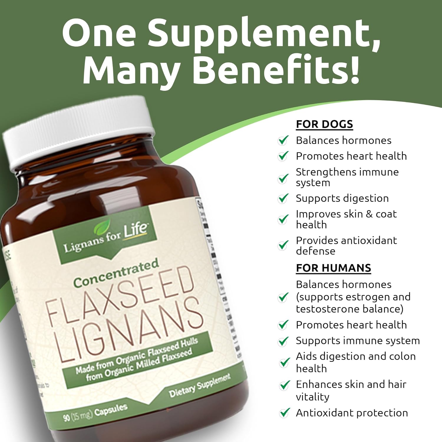 Lignans For Life Lignanos de Linaza - Suplemento Orgánico de Lignanos de Linaza para Perros y Personas, 15mg, 90 Cápsulas