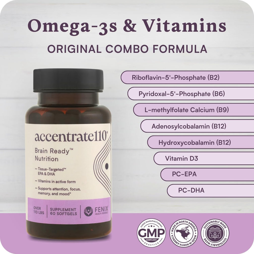 Accentrate110 - Suplemento de Enfoque con Complejo de Vitamina B Metilado y Ácidos Grasos Omega-3