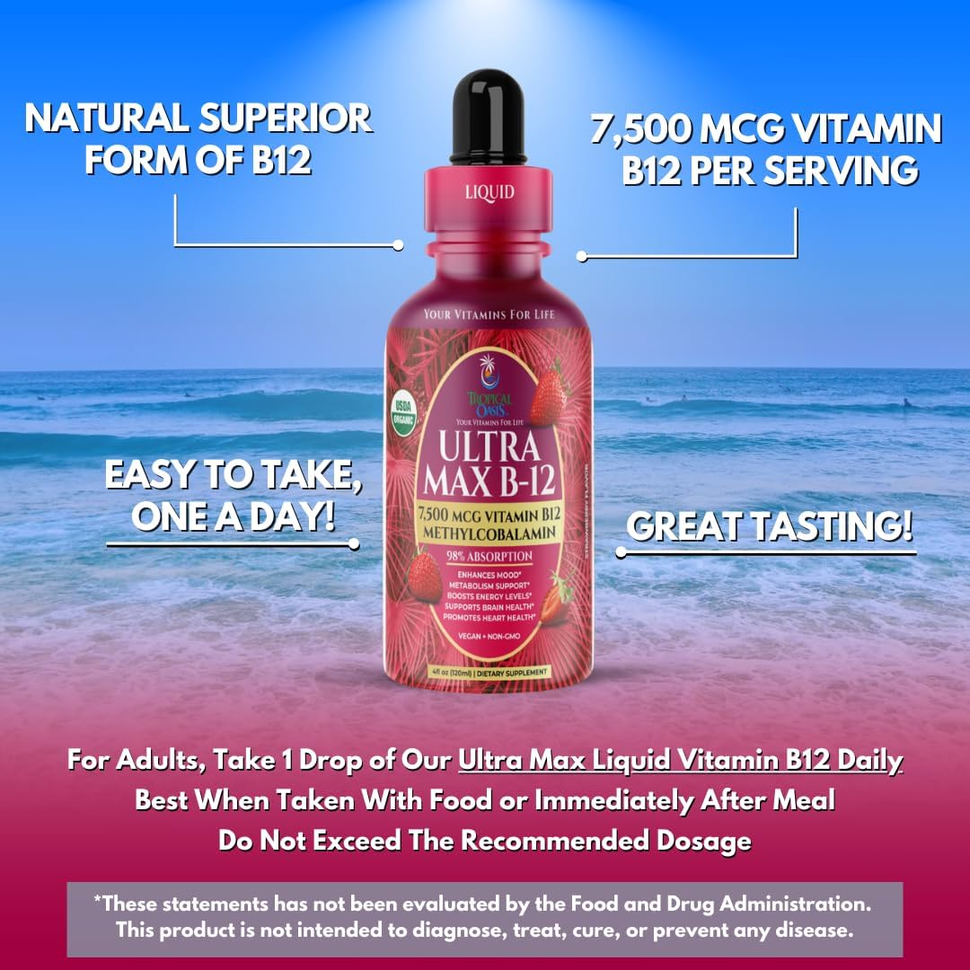 Ultra Max B12 5000 mcg Gotas Sublinguales de Vitamina B12 Metilcobalamina Sabor Fresa