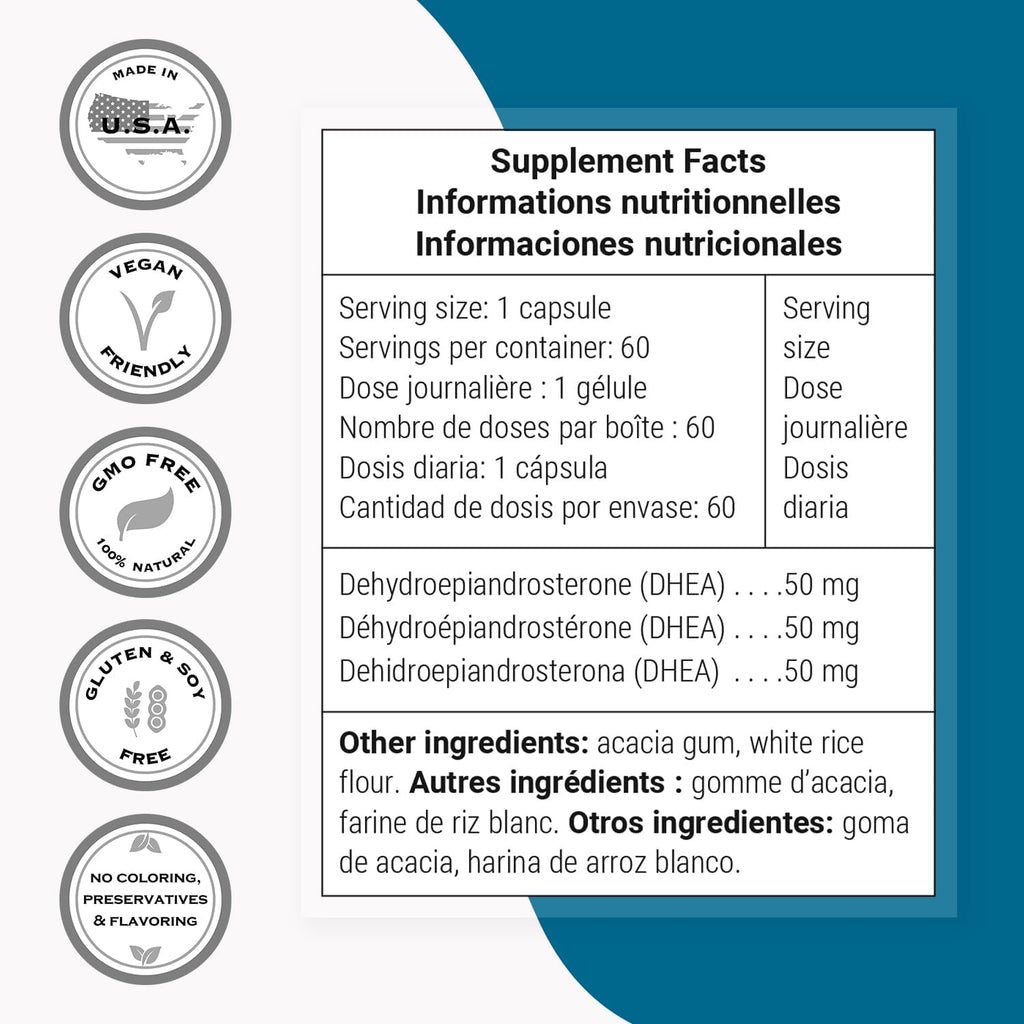 Supersmart - DHEA 50mg - Suplemento Esencial para Uso Diario | No Transgénico y Sin Gluten - 60 Cápsulas Vegetales