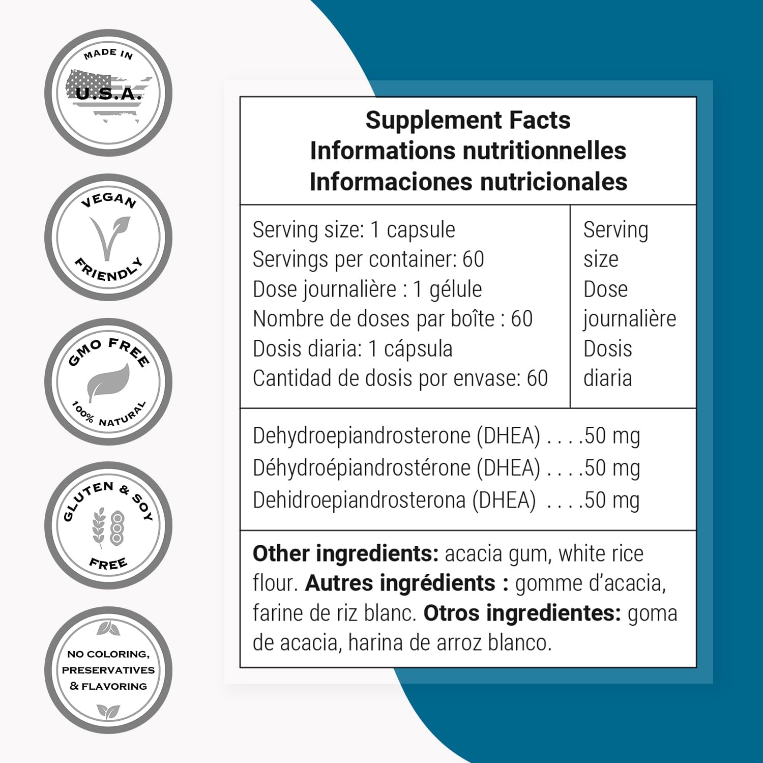 Supersmart - DHEA 50mg - Suplemento Esencial para Uso Diario | No Transgénico y Sin Gluten - 60 Cápsulas Vegetales