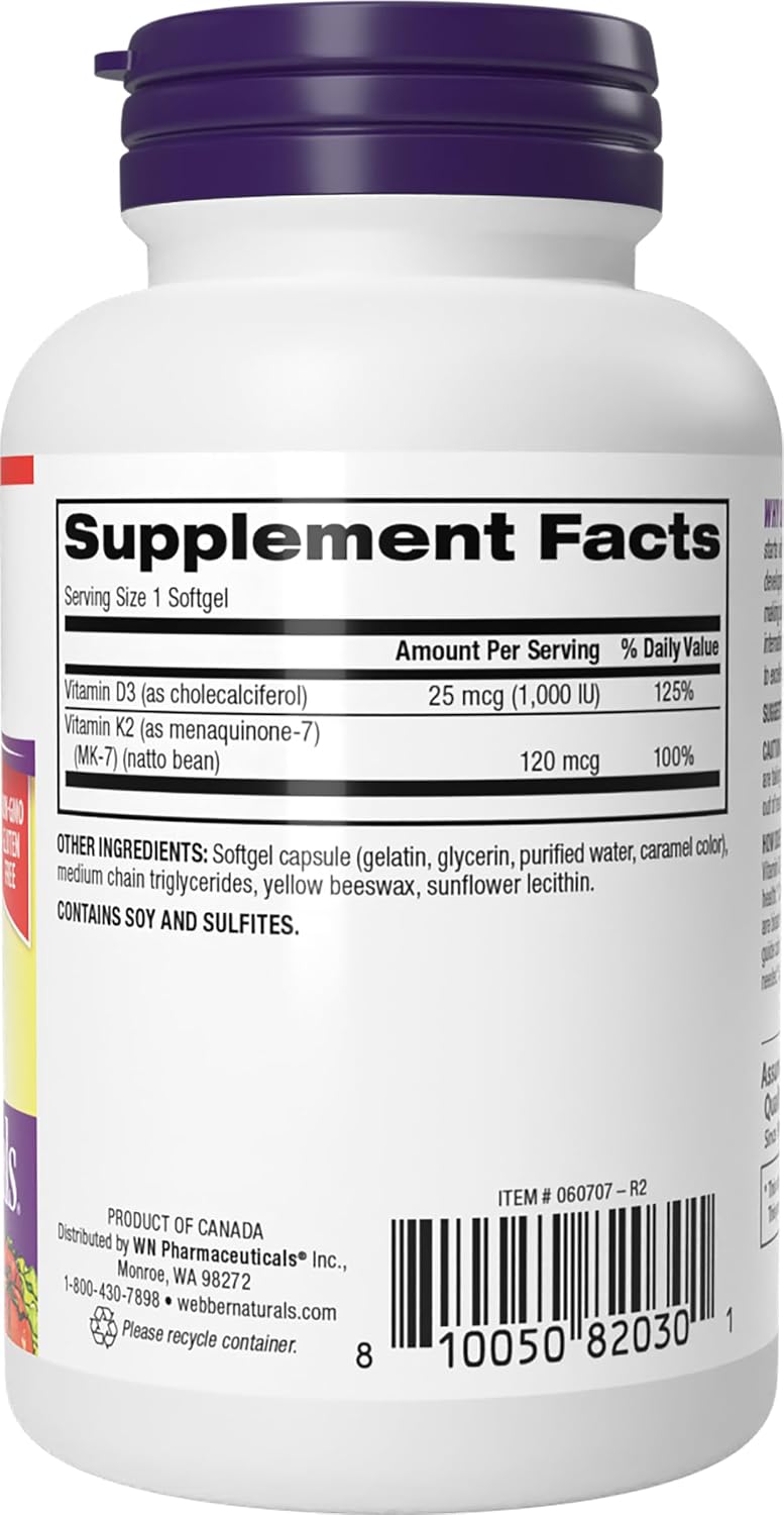 Webber Naturals Vitamina D3 y K2, 1.000 UI / 120 mcg, 90 Cápsulas Blandas