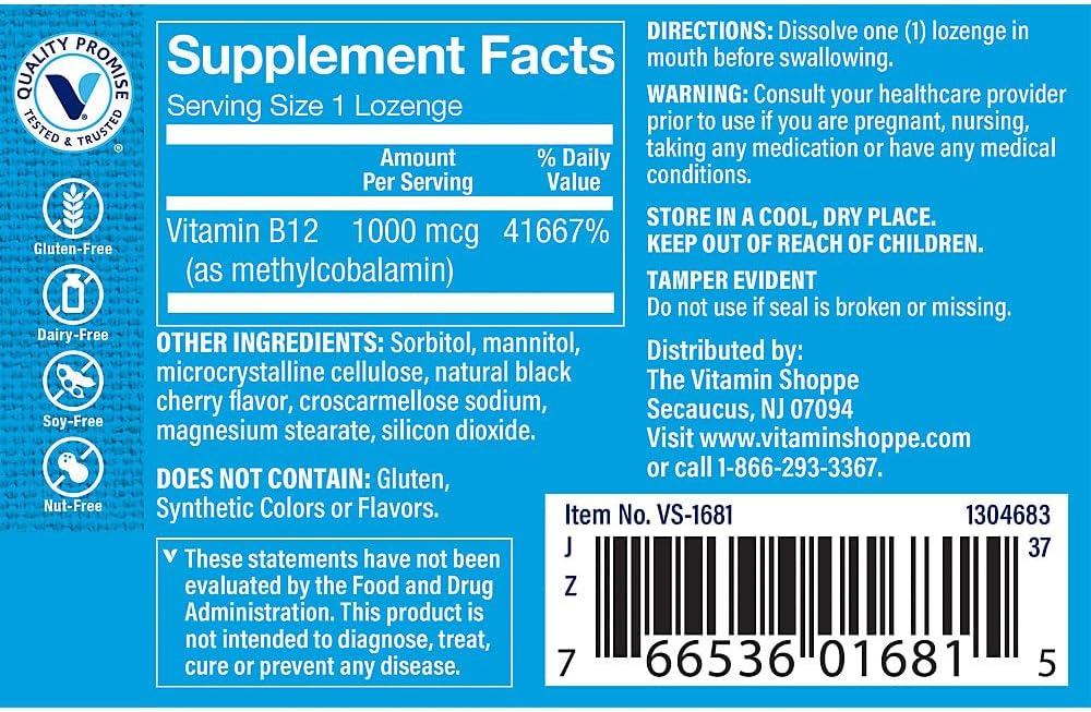 Vitamina B12 Metilcobalamina 1000mcg - 60 Comprimidos Sabor Cereza Negra - The Vitamin Shoppe