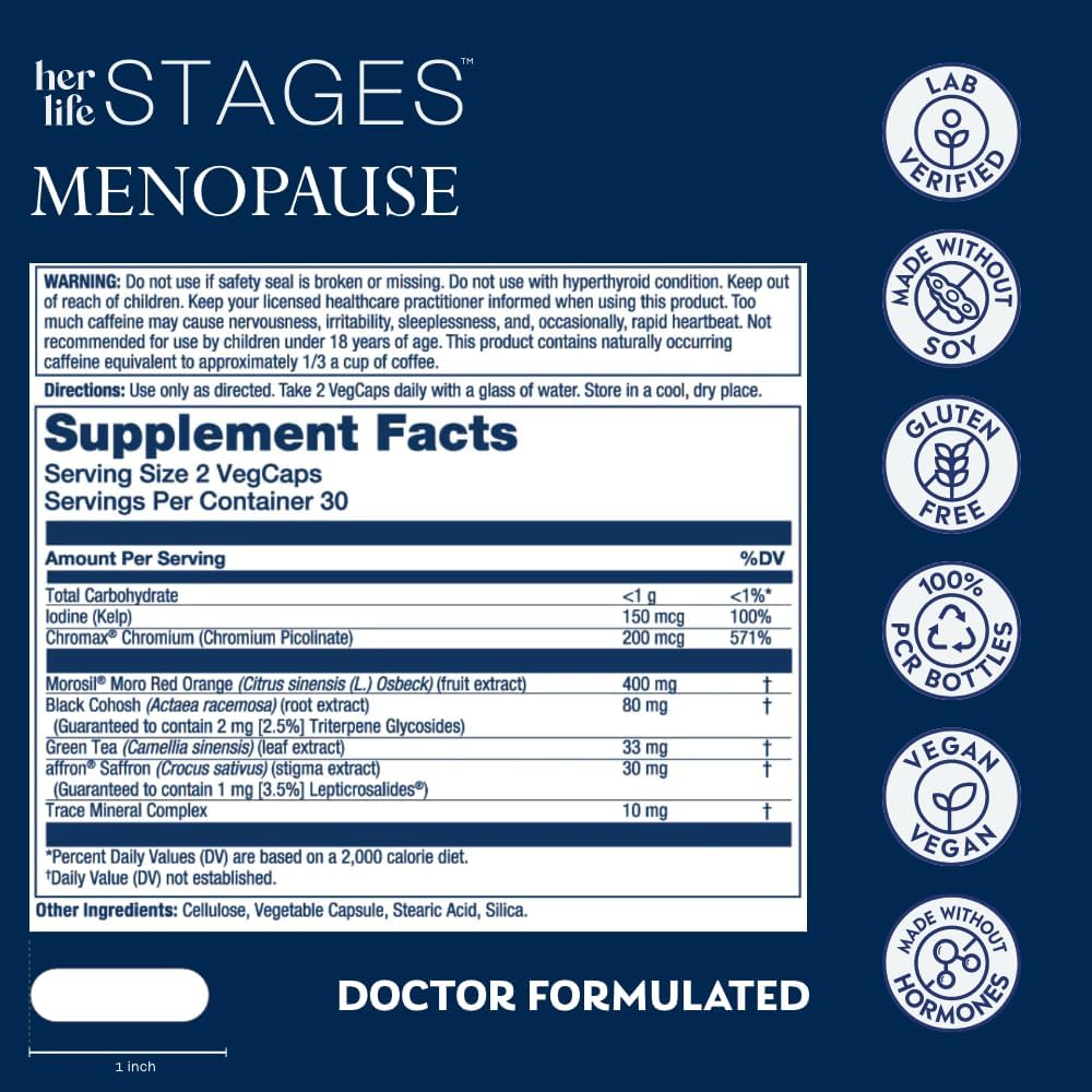 SOLARAY Menopause her Life Stages - Complemento para la Menopausia - Apoya el Estado de Ánimo, Sueño, Sofocos, Sudores Nocturnos - Vegano, Sin Gluten - 60 Cápsulas Vegetales