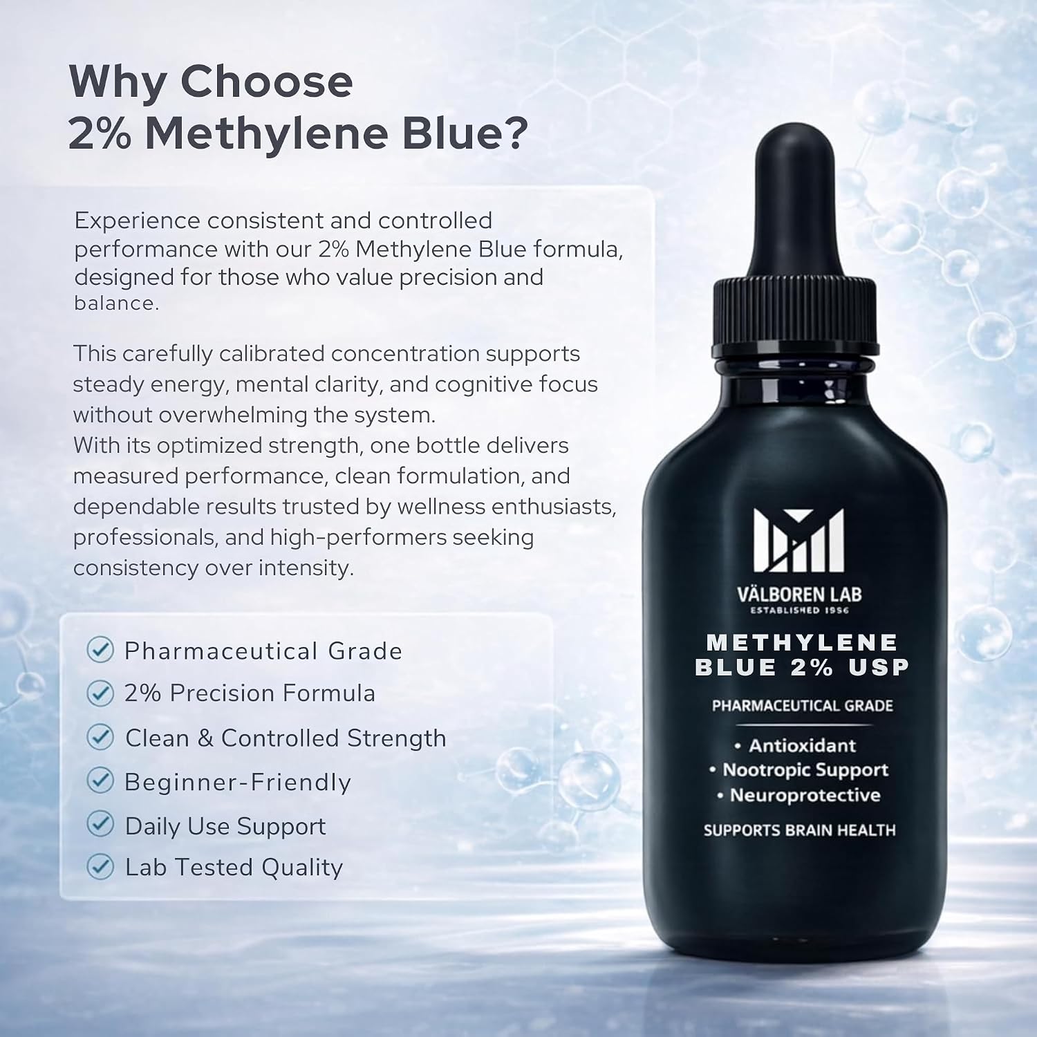 Valboren Labs Azul de Metileno 2% Grado Farmacéutico - Libre de Formaldehído y Alcohol - Suplemento Alimenticio - 118 ml