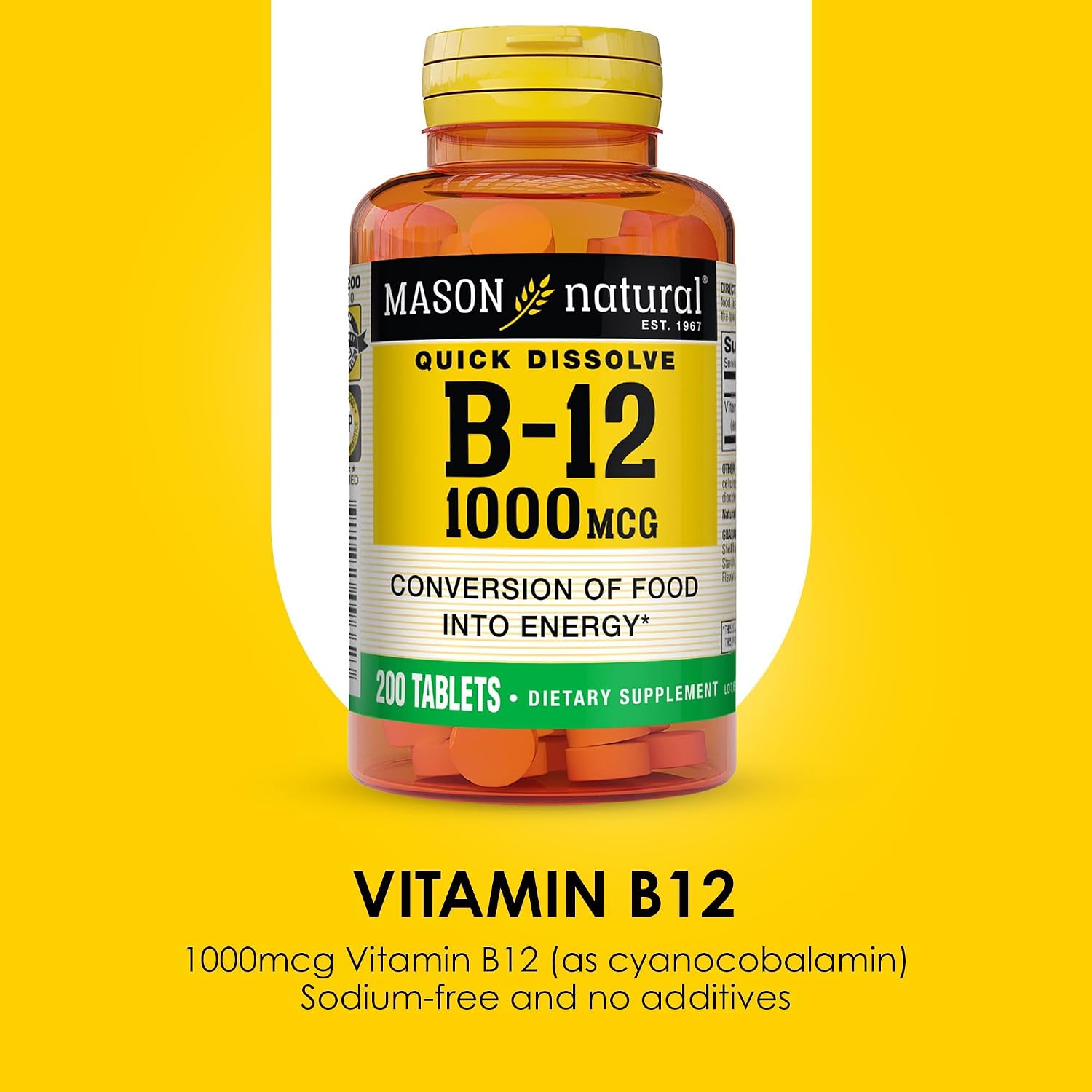 MASON NATURAL Vitamina B12 1000 mcg Comprimidos de Disolución Rápida, 200 Comprimidos