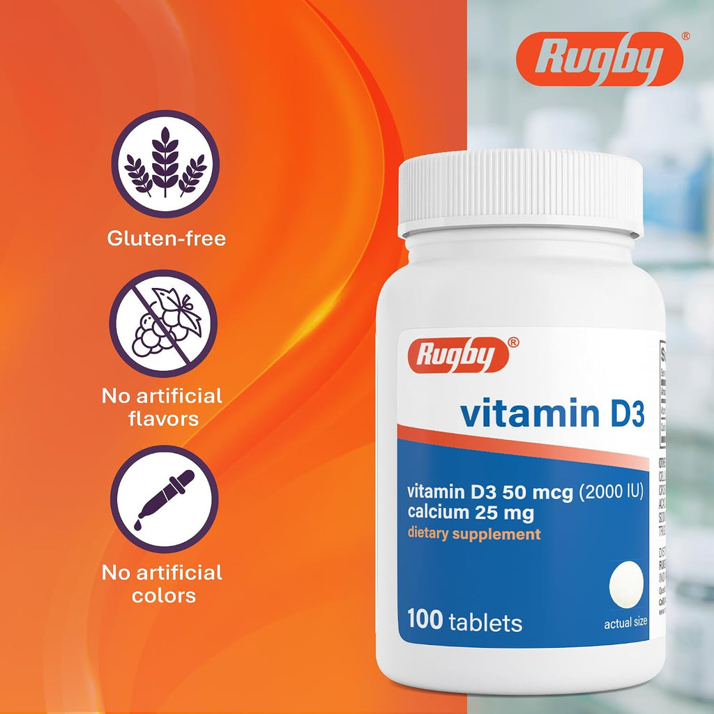 Rugby Vitamina D3 2000 IU (50 mcg) - Suplemento diario de vitamina D3 sin gluten para huesos, dientes e inmunidad - 100 comprimidos