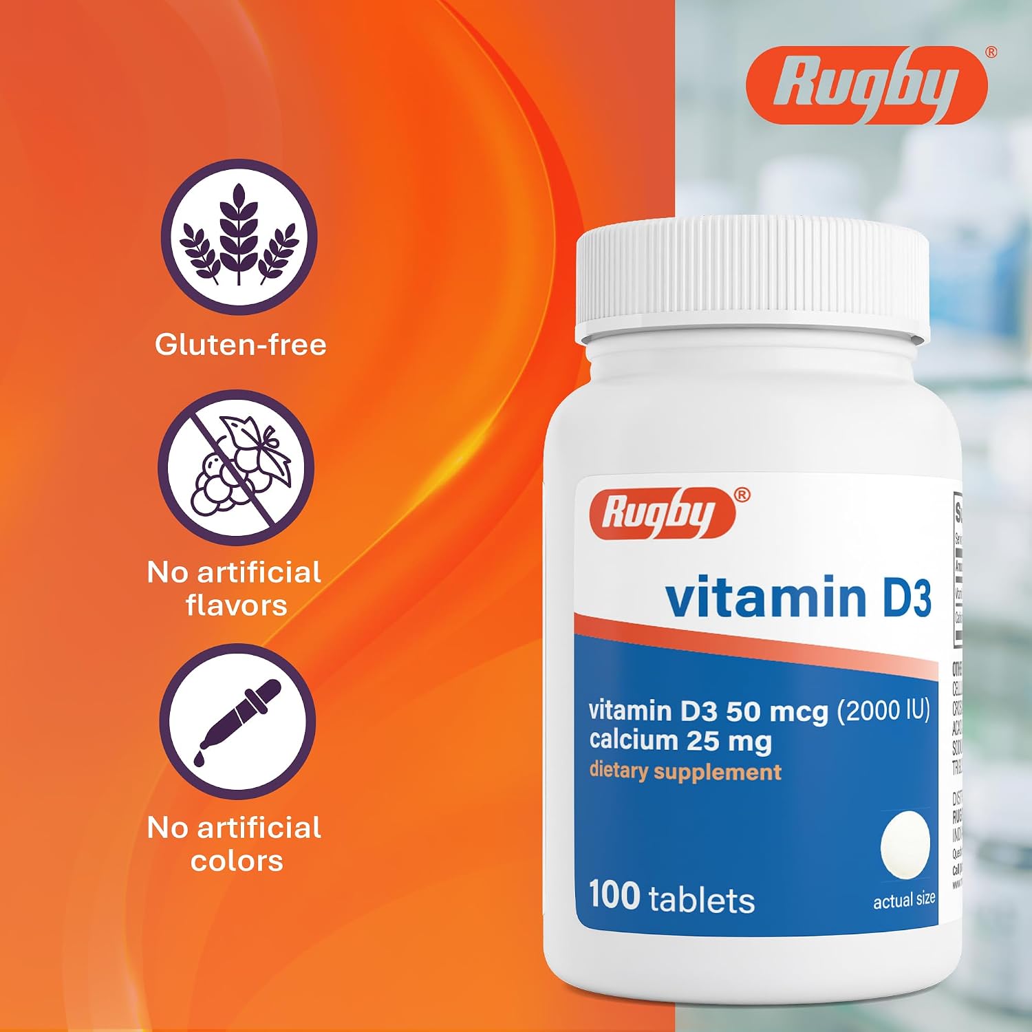 Rugby Vitamina D3 2000 IU (50 mcg) - Suplemento diario de vitamina D3 sin gluten para huesos, dientes e inmunidad - 100 comprimidos