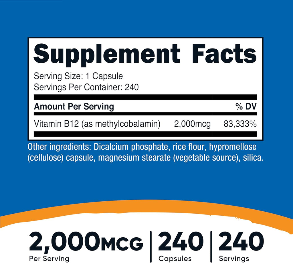 Nutricost Vitamin B12 (Methylcobalamin) 2000mcg, 240 Capsules - Vegetarian Capsules, Non-GMO, Gluten-Free