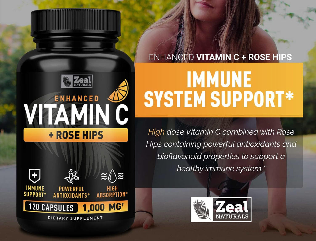 Zeal Naturals Vitamina C con Escaramujo 1000 mg - Ácido Ascórbico Puro - 120 Cápsulas