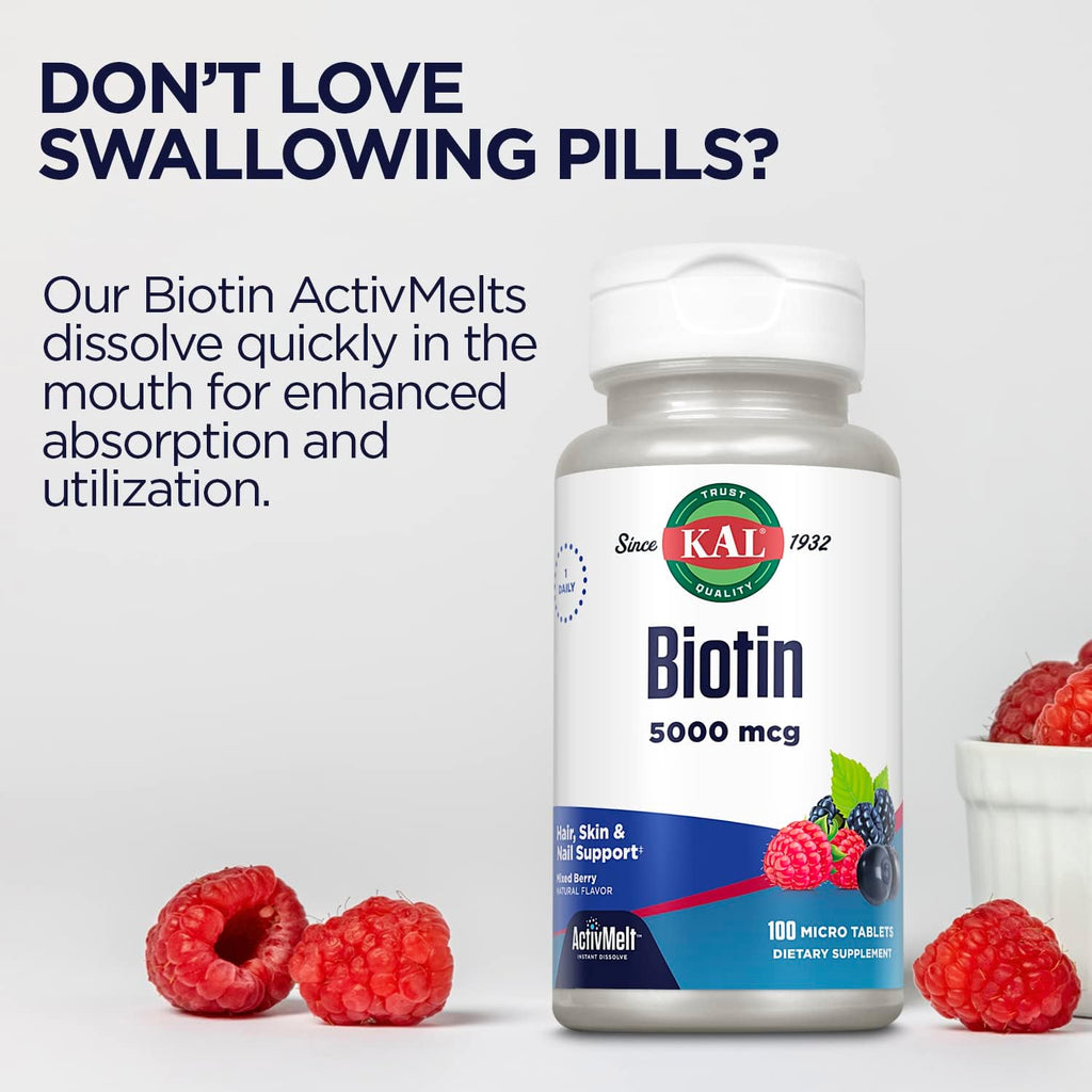 Kal Biotina 5000 mcg, tabletas sabor a bayas mixtas, 100 unidades