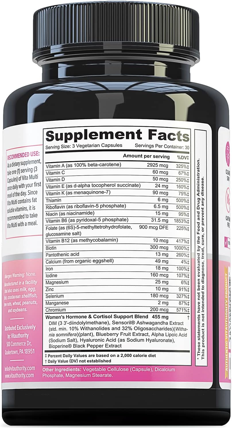 Vitauthority Multivitamin para Mujeres – Complejo Multivitamínico con DIM, Ashwagandha y Ácido Hialurónico
