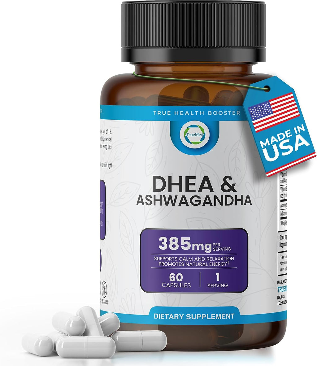 TRUEMED DHEA & Ashwagandha 385mg – Ashwagandha 250mg, DHEA 10mg, Vitamina C y B6 – Apoya la Relajación, Energía Natural y Estado de Ánimo Equilibrado – 60 Cápsulas Veganas