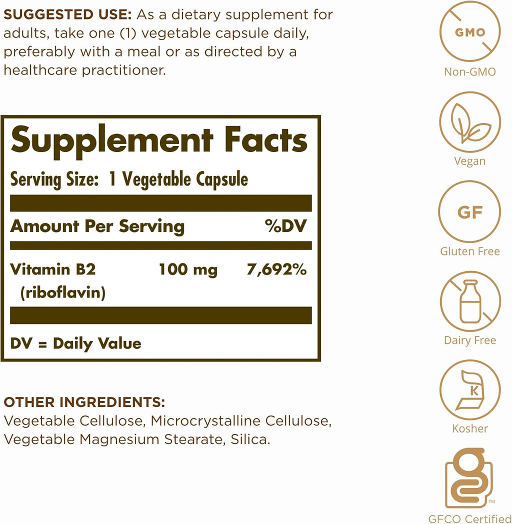 Solgar Vitamina B2 (Riboflavina) 100mg - 100 Cápsulas Vegetales