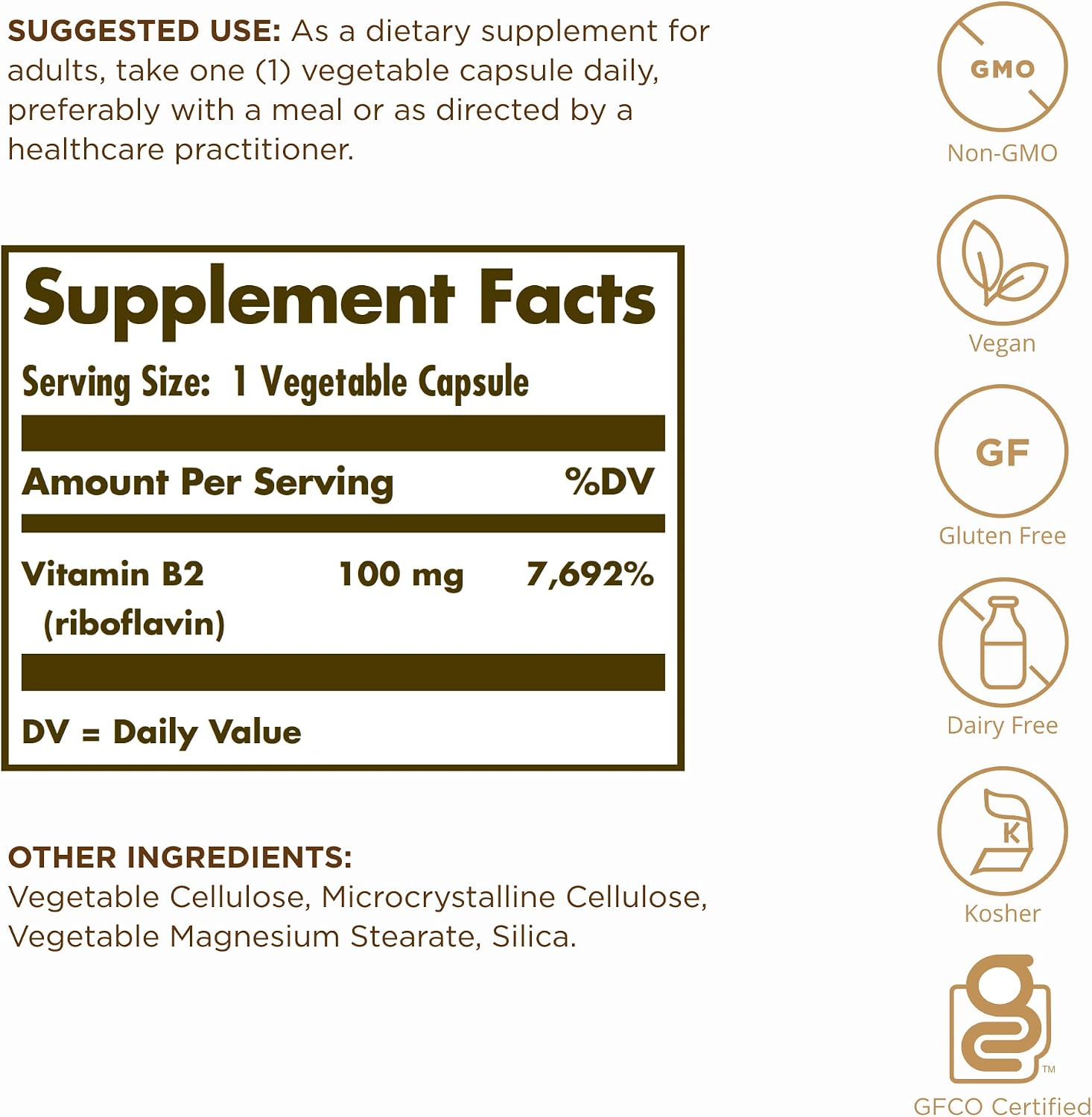 Solgar Vitamina B2 (Riboflavina) 100mg - 100 Cápsulas Vegetales