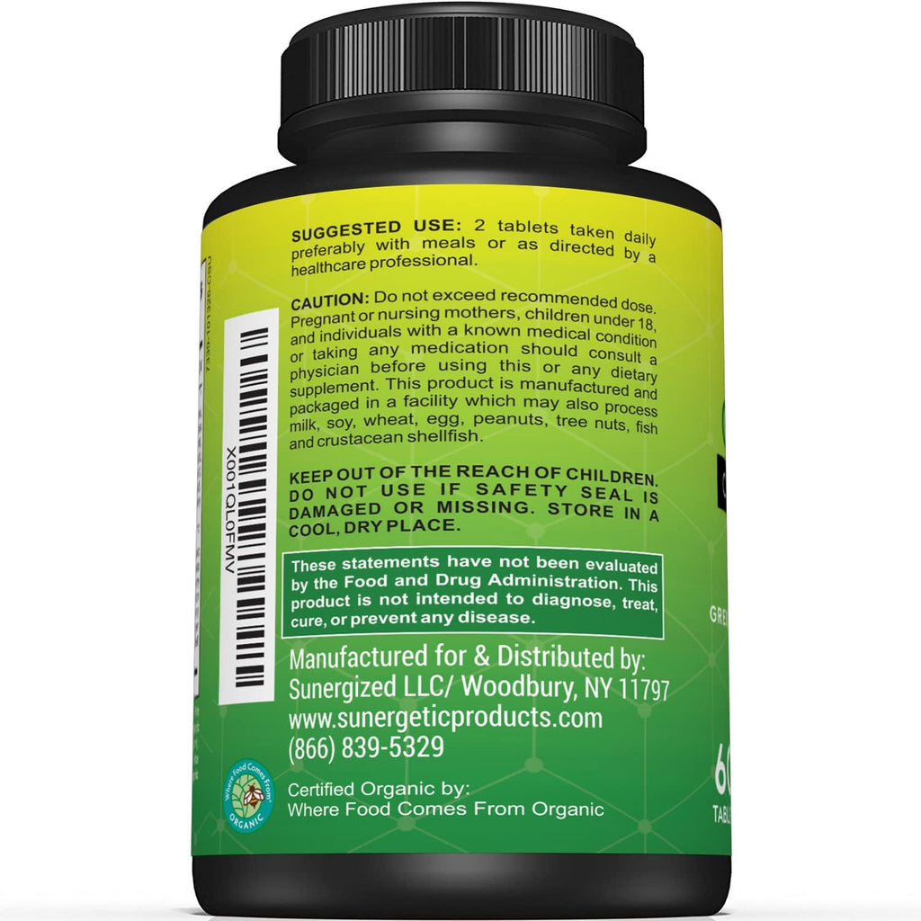Sunergetic Premium USDA Organic Greens Superfood Tablets – 60 Comprimidos de Superalimentos Verdes Orgánicos