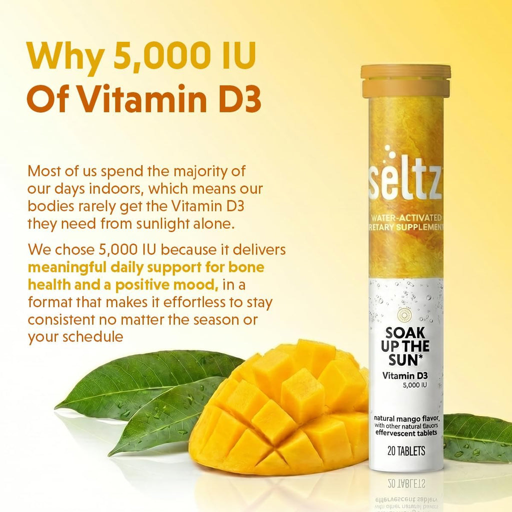 Seltz Vitamin D3 Drink Tablets - 5000 IU, Comprimidos Efervescentes, Sabor Mango Naranja, Sin Azúcar Añadido, 120 Comprimidos