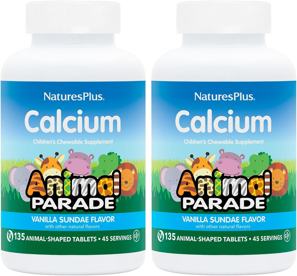 NaturesPlus Animal Parade Calcium, Vanilla Flavor - 135 Animal-Shaped Chewable Tablets (2-Pack) - Vegan, Gluten-Free