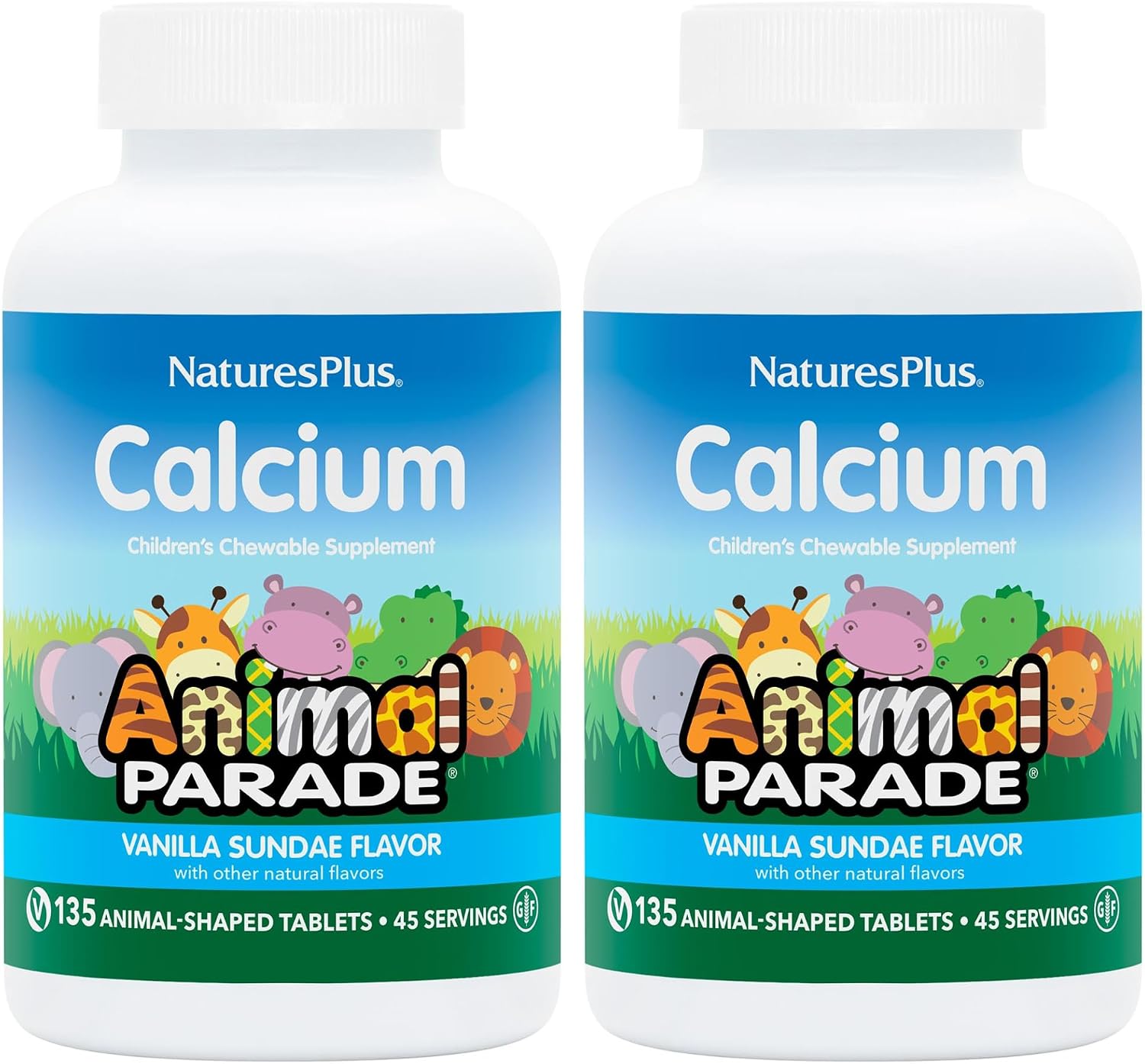 NaturesPlus Animal Parade Calcium, Vanilla Flavor - 135 Animal-Shaped Chewable Tablets (2-Pack) - Vegan, Gluten-Free
