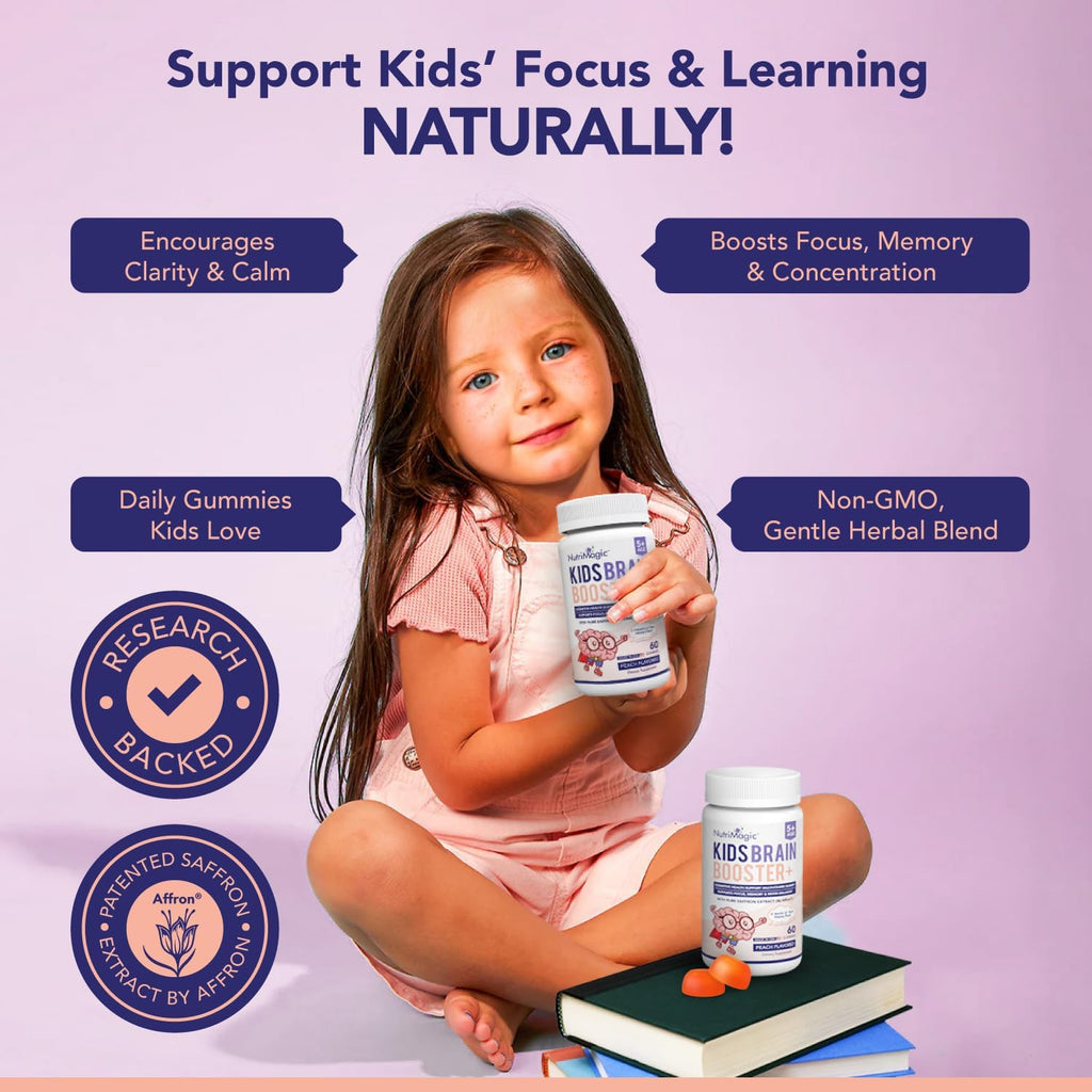 NutriMagic Kids Brain Booster+ 30mg Saffron-Based Multivitamin Gummies for Kids Brain Health Support, Saffron Extract Gummies, Vitamin D3, B6, B12, Zinc, 120x Non-GMO Gummies (2-Pack)