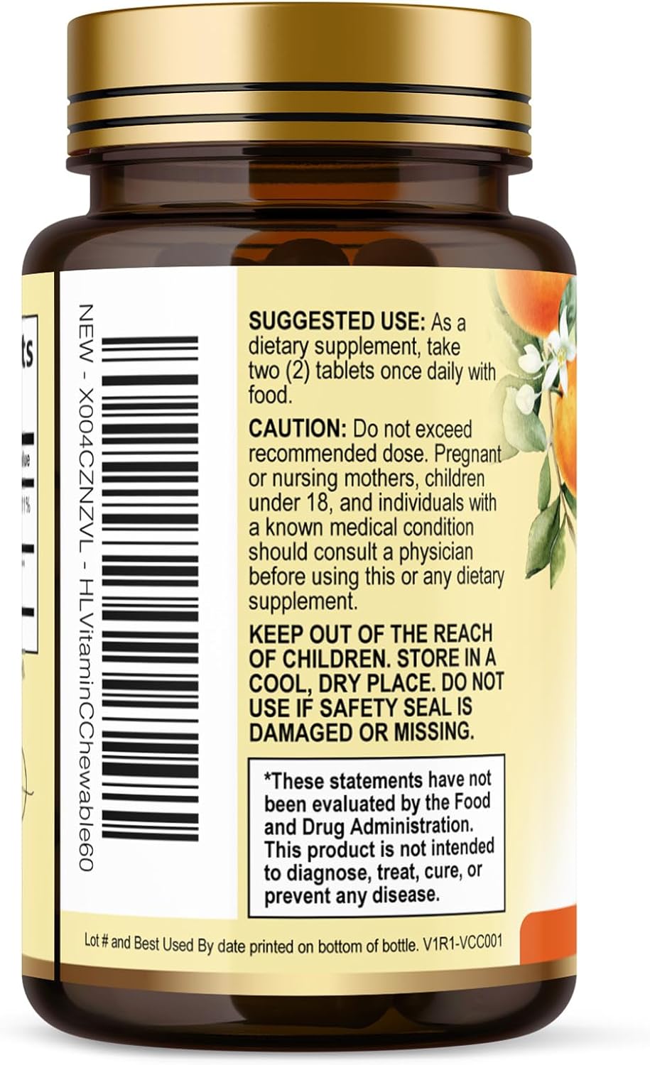 Vitamina C 1000mg con Escaramujo y Bioflavonoides - Suplemento Masticable Sin Azúcar - 60 Comprimidos