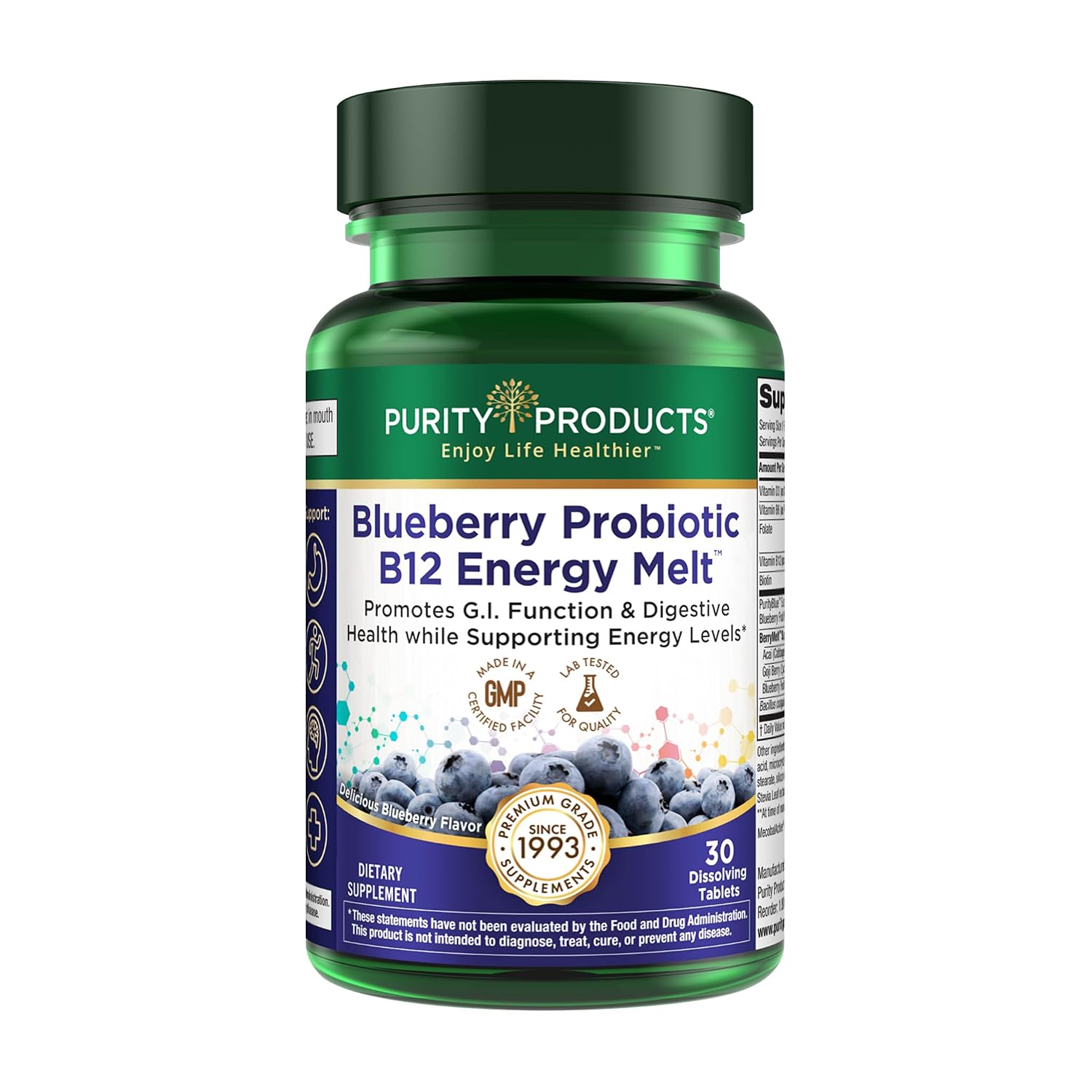 Purity Products Arándano Probiótico B12 Energy Melt - 30 Comprimidos Sublinguales