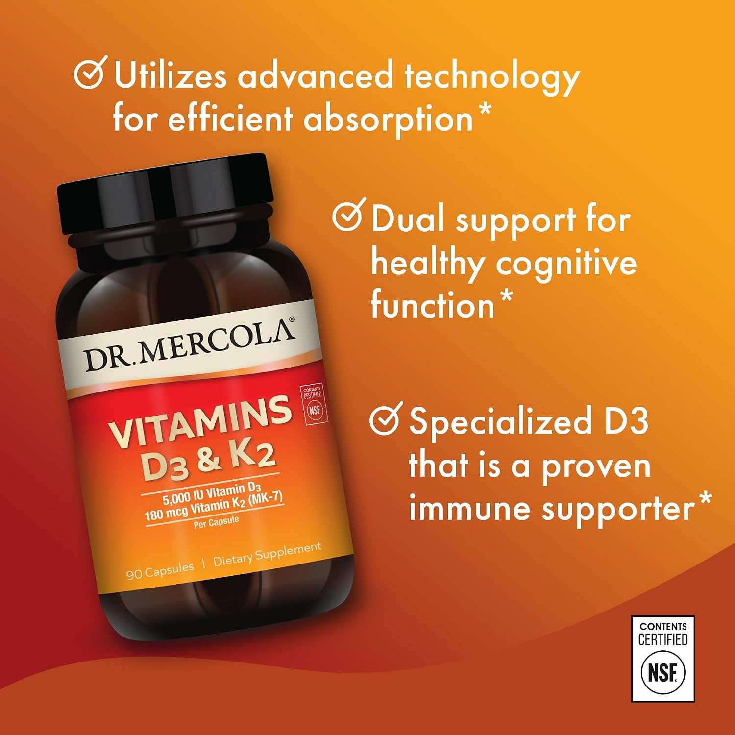 Dr. Mercola Vitamina D3 y K2 - 5.000 UI D3 + 180 mcg K2 MK-7 - 90 Cápsulas